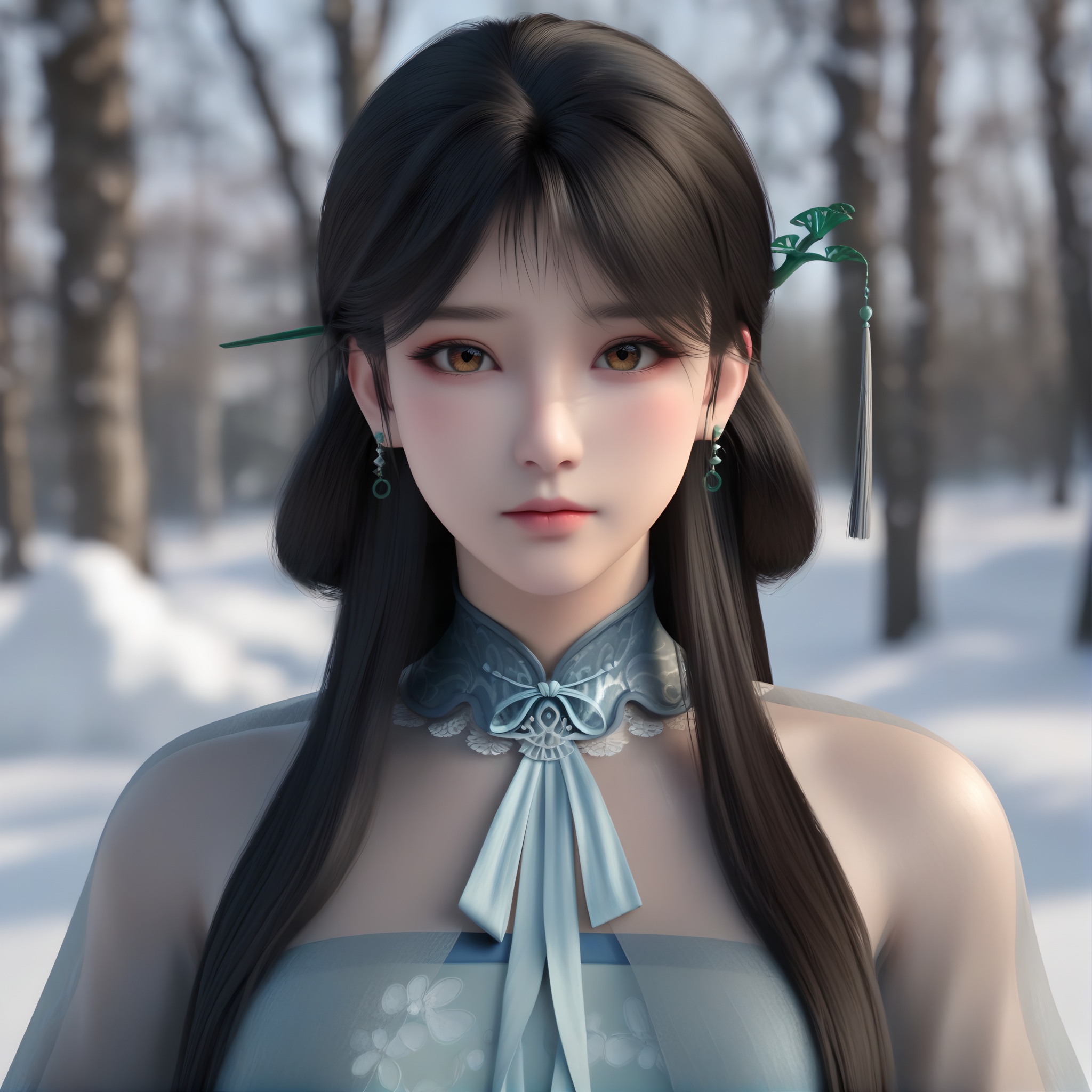 (score_9),collarbone,(narrow waist),(glamor:1.2),slender,<lora:钟秀pony-v2:0.83>,1girl,solo,zhongxiu,long hair,black hair,hairpin,tassel,dangling earrings,brown eyes,black_pupils,light blush,looking at viewer,(front view),upper body,BREAKin snow,Tyndall effect,available light,depth of field,tree,snowflakes,branch,twig,4K ultra HD,sharp focus,high detail,natural lighting,high contrast,<lora:皮肤凹痕:0.35>,<lora:e肤色滑块:0.35>,