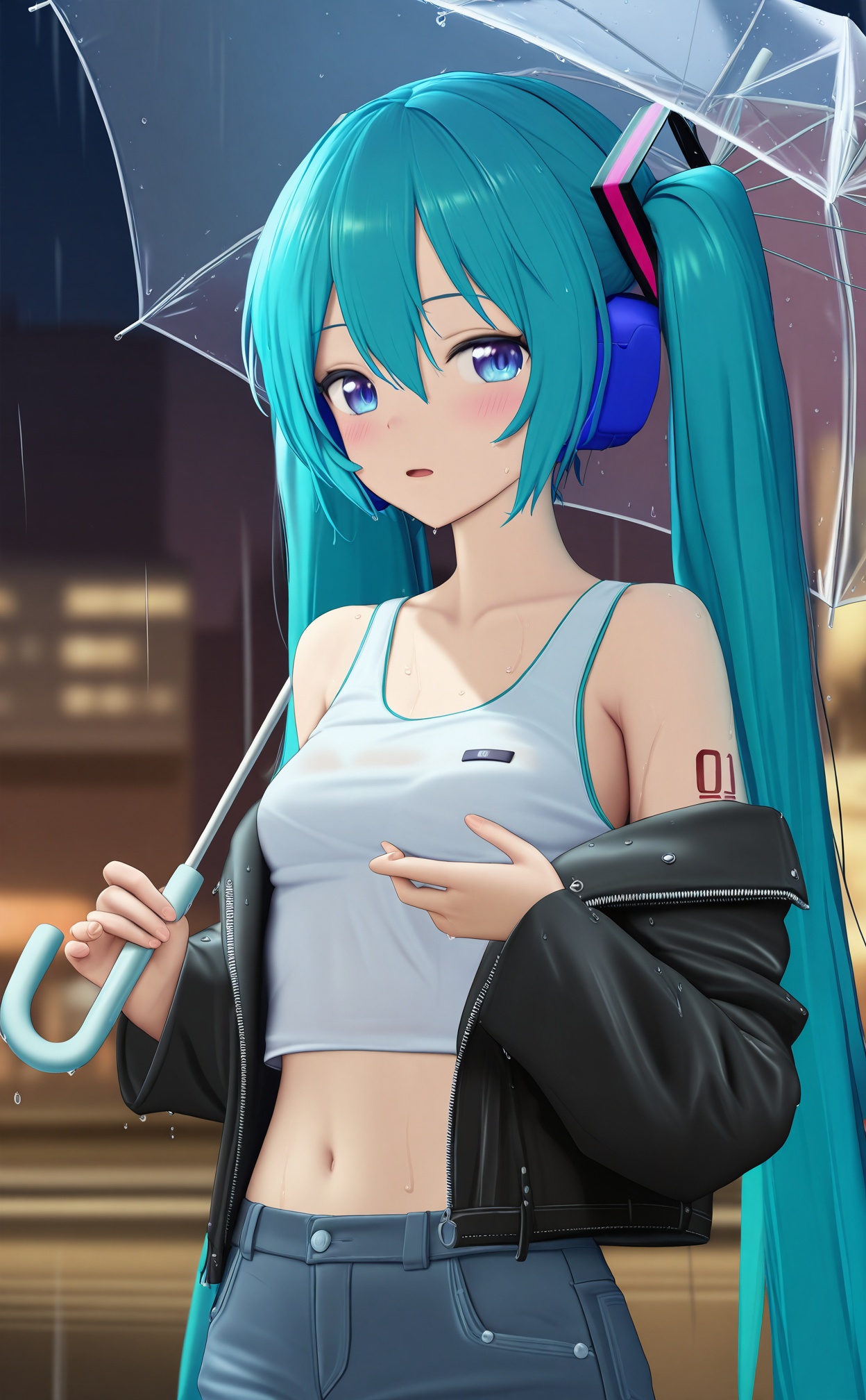 masterpiece,Artist\:aki99,PVC Style,Artist agwing86,1girl,transparent umbrella,wet clothes,cool colors,Blue Them,rain,hatsune miku,solo,twintails,long hair,umbrella,jacket,navel,transparent,holding,tattoo,black jacket,holding umbrella,looking at viewer,blurry background,very long hair,aqua hair,midriff,night,blurry,**** top,number tattoo,shoulder tattoo,outdoors,leather jacket,off shoulder,open jacket,wet,upper body,breasts,open clothes,leather,purple eyes,hair ornament,hair between eyes,crop top,headphones,collarbone,long sleeves,blush,small breasts,bare shoulders,white **** top,parted lips,pants,blue hair,open mouth,denim,shirt,blue eyes,white shirt,