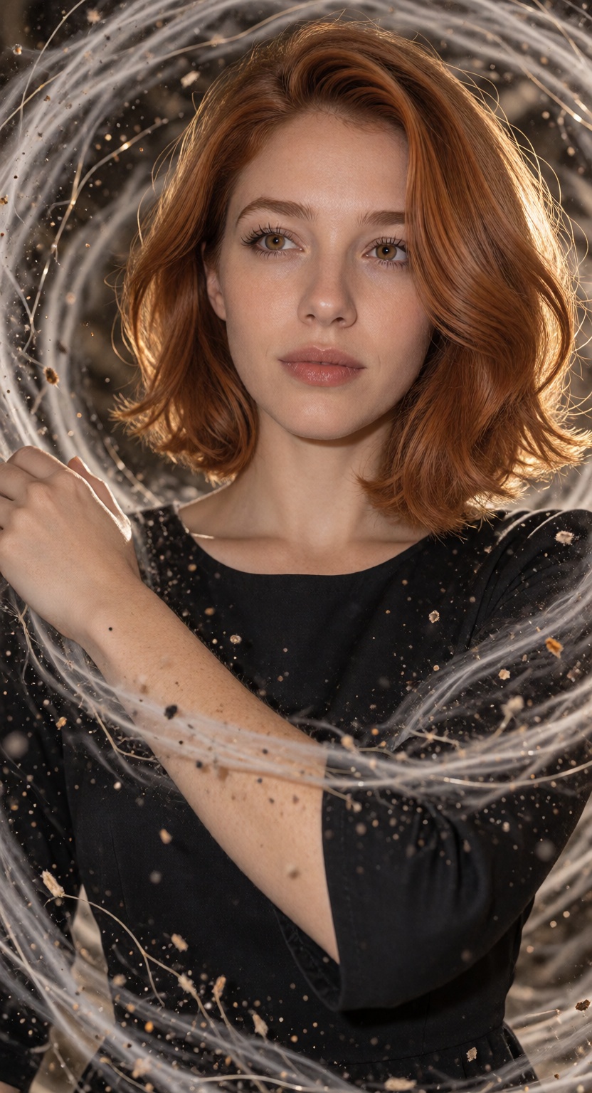 NamiX,  oftly wavy,  tousled bob with an off-center part and red hair. A photorealistic cinematic photograph of a 25-year-...