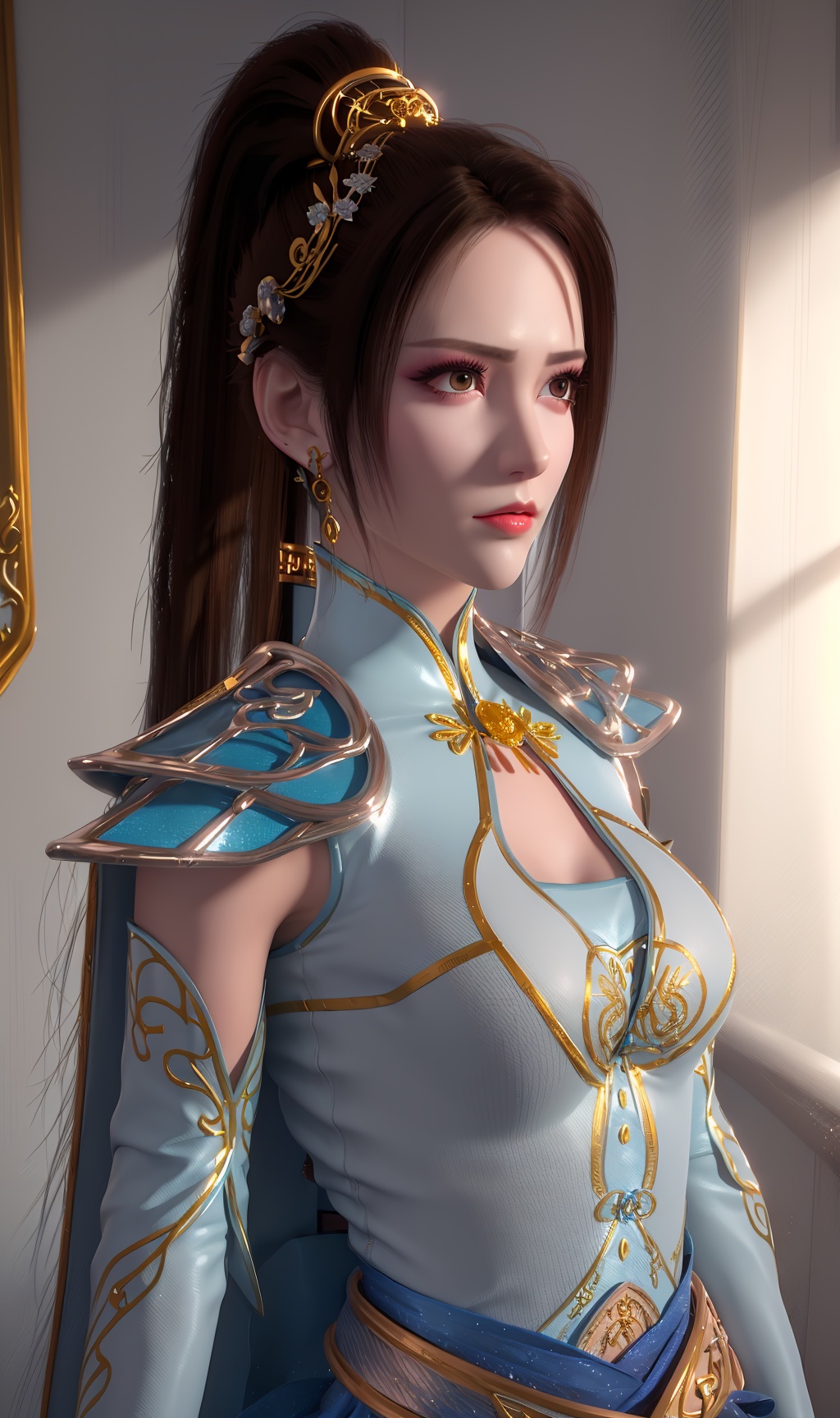 3D,masterpiece,(best quality),(makeup),official art, extremely detailed cg 8k wallpaper,((crystalstexture skin)), (extremely delicate and beautiful),(highly detailed),(face),headpiece,(collar),(ponytail),(shawl),(closed_mouth)(1girl), (solo), (jewelry), (earrings),(black_hair),(long_hair),(hair_ornament),(handwear),(breasts),(standing),((upper_body)),(dress),(multicolored_clothes),(multicolored_dress),(shiny_clothes),(city,indoor),,((looking_at_viewer)),((Facing the camera)),, <lora:hipoly3DModelLora_v10:0.3>