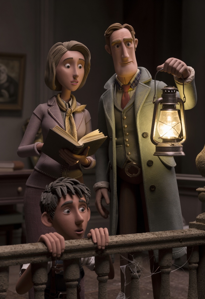 claymation,  a light-skinned ***** male ghost hunter in his early 40s wearing a coat and gloves holding a lantern,  a medi...