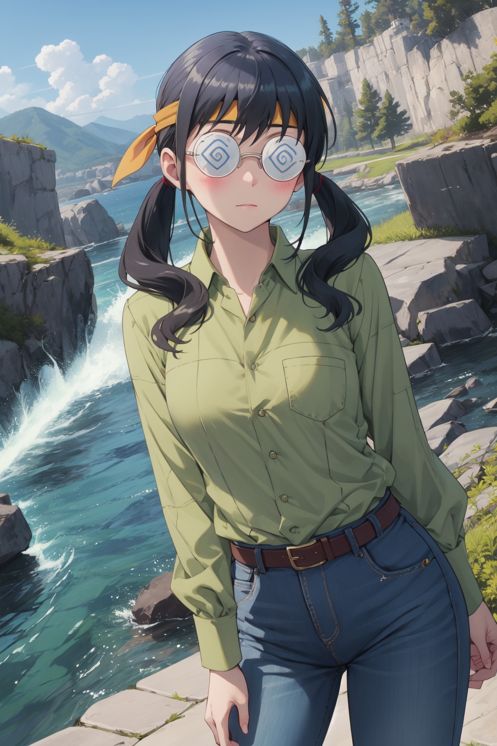 <lora:Saori-000014:0.8>,Saori cyql,1girl,looking at viewer,solo,twintails,black hair,long hair,headband,glasses,@_@,round eyewear,coke-bottle glasses,shirt,collared shirt,green shirt,long sleeves,belt,pants,blush,blue pants,denim,buttons,yandere,full_shot,beautiful face,beautiful eyes,glossy skin,shiny skin,Canyon, River, Cliffs, Rapids, Canyon walls, Wildlife, Echoes, Adventure,(Alpine flowers, Fall foliage, Mountain peaks, Autumnal hues, Alpine landscape, Mountain tranquility:0.5),beautiful detailed sky,beautiful detailed glow,posing in front of a colorful and dynamic background,masterpiece,best quality,beautiful and aesthetic,contrapposto,female focus,wallpaper,fashion,