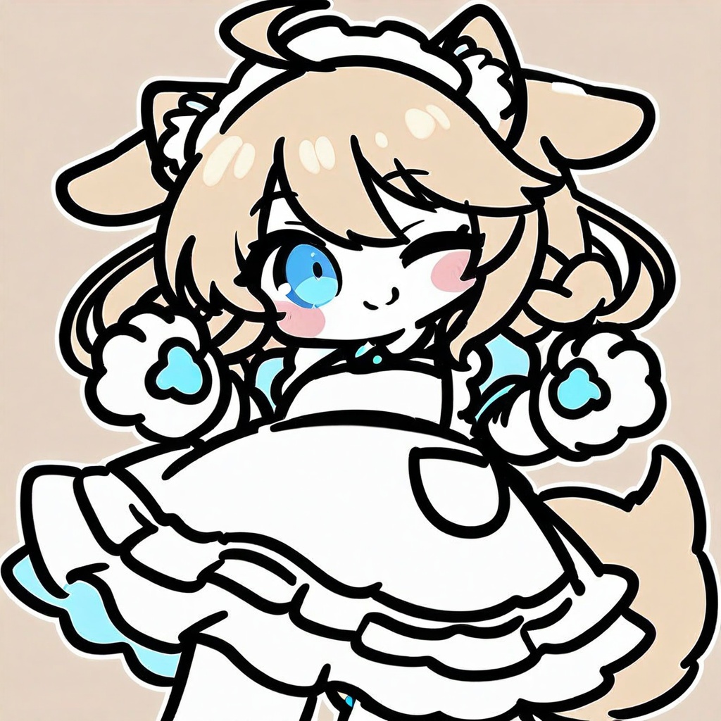 <lora:flat-color-style_A3.1_XL:0.7>,chibi, flat-color-style,(masterpiece),(best quality),high quality,colorful,1girl,solo,bangs,blush,smile,looking at viewer,ahoge,animal ear fluff,animal ears,animal hands,apron,blonde hair,blue eyes,braid,chibi,closed mouth,dog ears,dog tail,dress,enmaided,frilled apron,frilled dress,frills,gloves,hair between eyes,hands up,long hair,maid,maid apron,maid headdress,one eye closed,puffy short sleeves,puffy sleeves,short sleeves,tail,teeth,waist apron,white apron,white gloves