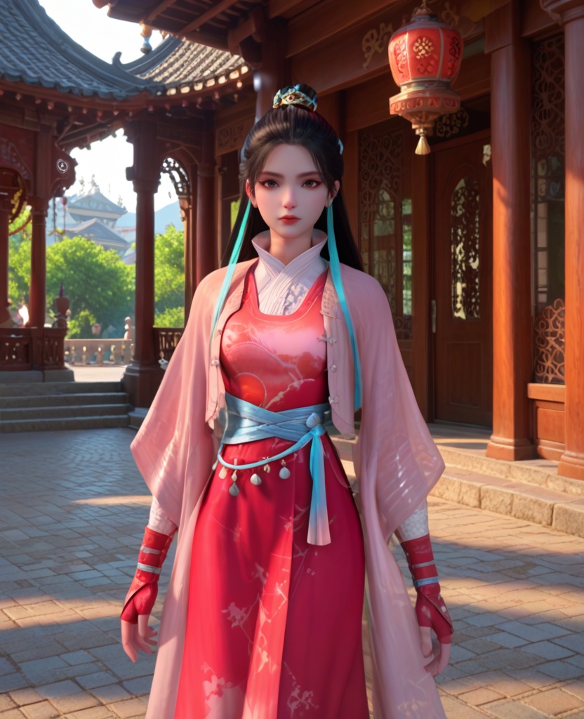 (oriental architecture, elegant decor, sophisticated style:1.1),(walking,a bird standing on her hand:1.1),(breasts:1.2),<lora:XL少年歌行尹落霞:0.95>,miss yinluoxia,pink chiffon outerwea with red dress underneath,black hair,long hair,azure hair ribbon,white lingerie collar,brown eyes,hair ornament,blue waist tie,eyeshadow,lips,fingerless gloves,, score_9,score_8_up,score_7_up,score_6_up,score_5_up,score_4_up,3d rendering,tag1,tag2, Cinematic Lighting,backlighting,