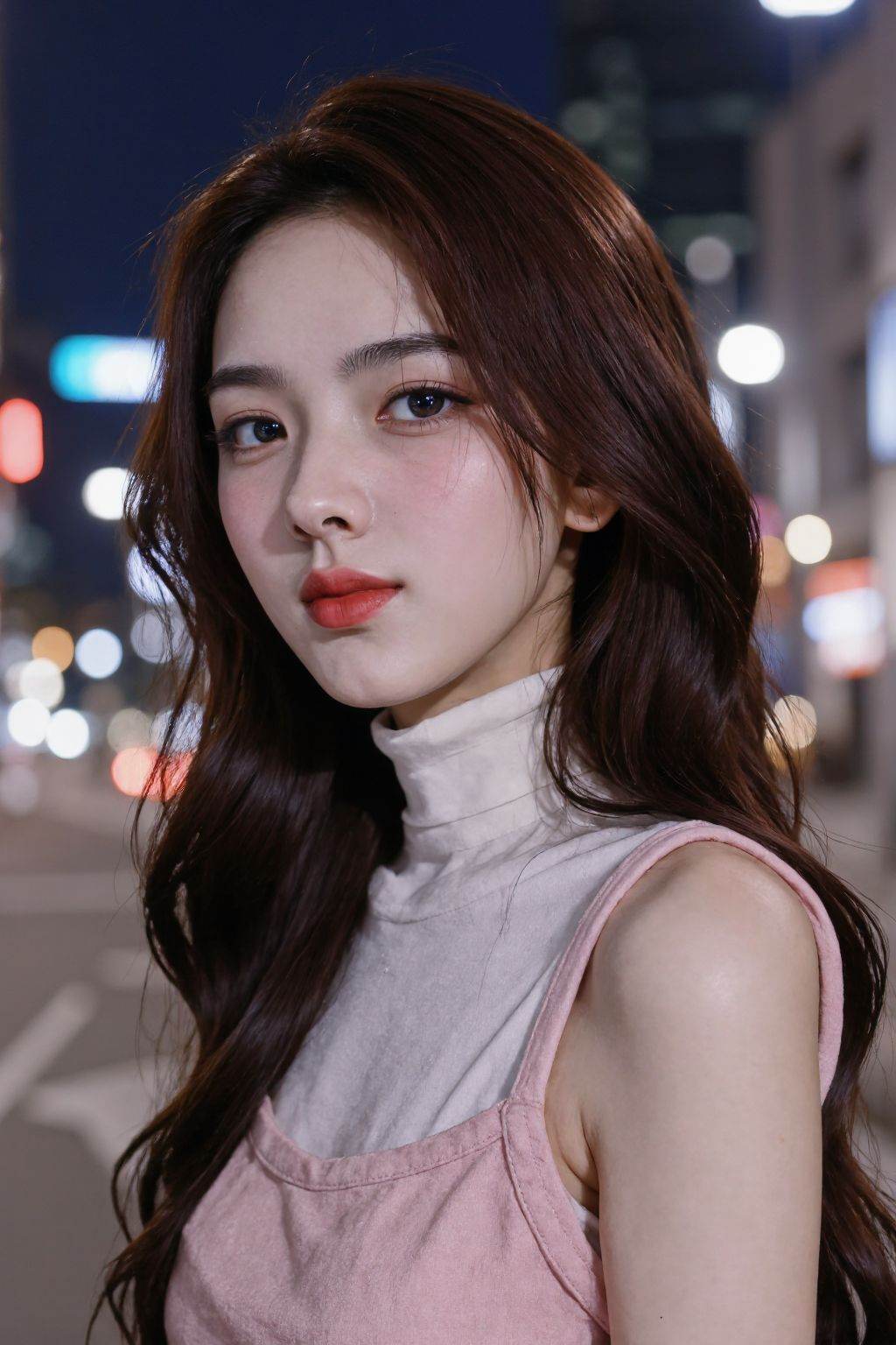 hyperrealistic portrait, young woman 20-year-old, with long hair. Soft light pink blush on cheeks, smirk and rosy lips. Wearing a sleeveless turtleneck sweater. Elegant and fashion-forward aesthetic. Slightly pensive, thoughtful expression. She gazes towards the viewer. Urban nighttime cityscape background, blurred and out of focus. Street lights and building facades visible. Evening lighting casts a soft glow on her face and dress. Smooth, flowing hair, smooth skin texture. Slight shallow depth of field, focusing on subject, blurred urban background.  Portrait style, close-up, with a soft, slightly low-angle perspective.  Romantic, dreamy, and delicate mood.  Contemporary fashion style, art aesthetic, natural lighting.  <lora:syn:0.8>