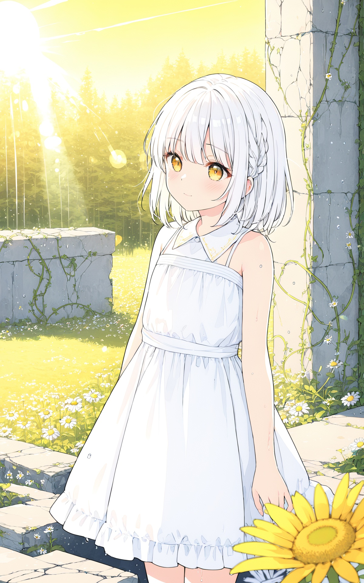 (masterpiece),(best quality),illustration,ultra detailed,hdr,Depth of field,(colorful),loli,yellow theme,the setting sun,Chamomile,Chamomile,cornflower,vines,forest,ruins,lens flare,hdr,Tyndall effect,damp,wet,1girl,bare shoulders,broken glass,broken wall,white hair,white dress,closed mouth,constel lation,flat color,braid,blinking,white robe,float,closed mouth,constel lation,flat color,looking up,standing,medium hair,standing,solo,