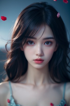 1girl,Extremely detailed facial features,full body,solo,melancholic,melancholy,nostalgic,a sense of solitude,petals,Surrealistic imagery,dreamlike atmosphere,vibrant and contrasting colors,intricate and detailed elements,