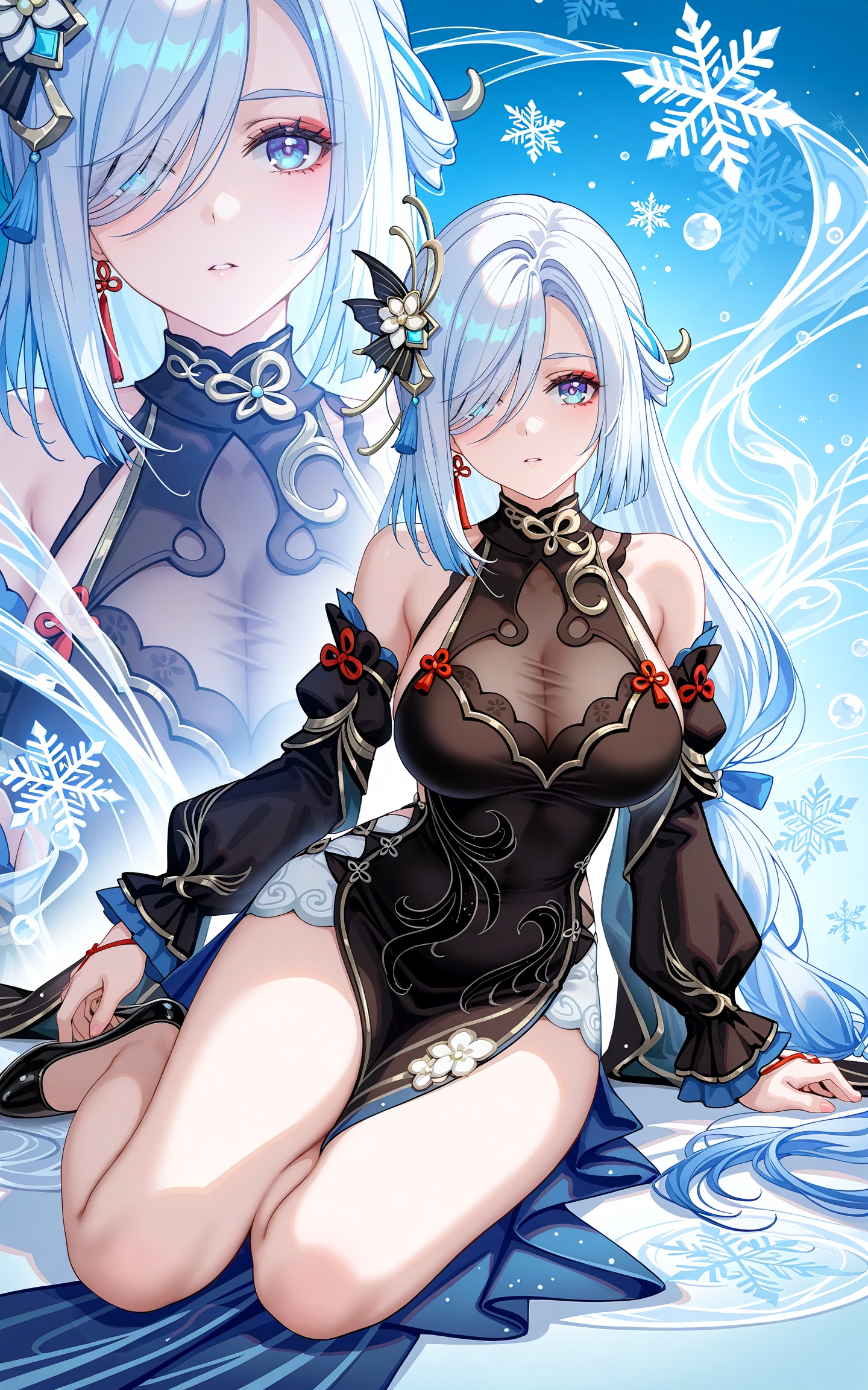 8k,best quality,masterpiece,(ultra-detailed),(high detailed skin),((artist:reoen),(artist:fuzichoco),(artist:atdan),(artist:torino_aqua),year 2024:0.8),[artist:wlop],[artist:ningen_mame],artist:ciloranko,[[artist:rhasta]],artist:tidsean,colorful,shenhe \(frostflower dew) (genshin impact\),genshin impact,1girl,blue eyes,hair over one eye,white hair,very long hair,grey hair,hair ornament,large breasts,black bra,thighs,china dress,black dress,sleeveless dress,detached sleeves,bare shoulders,long sleeves,yokozuwari,hair over one eye,sitting,looking at viewer,full body,looking up,see-through,zoom layer,blue_background,snowflakes,