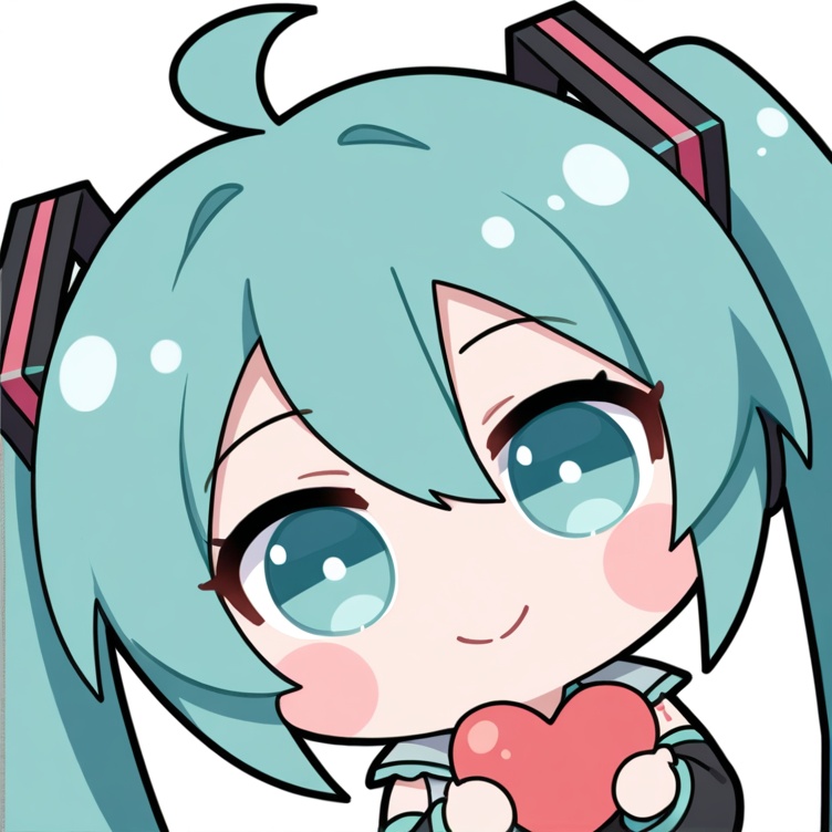 masterpiece, best quality, 1girl,  :d, ahoge, aqua necktie, black sleeves, blush stickers, chibi, closed mouth, collared shirt, hair between eyes,  holding heart, jacket, long sleeves, looking at viewer,  open mouth, portrait, school uniform, simple background, socks, solo, track jacket, transparent background, upper body, white background, white shirt, <lora:QStyle-000008:0.7>, long hair, ahoge, green hair, hatsune miku, upper body