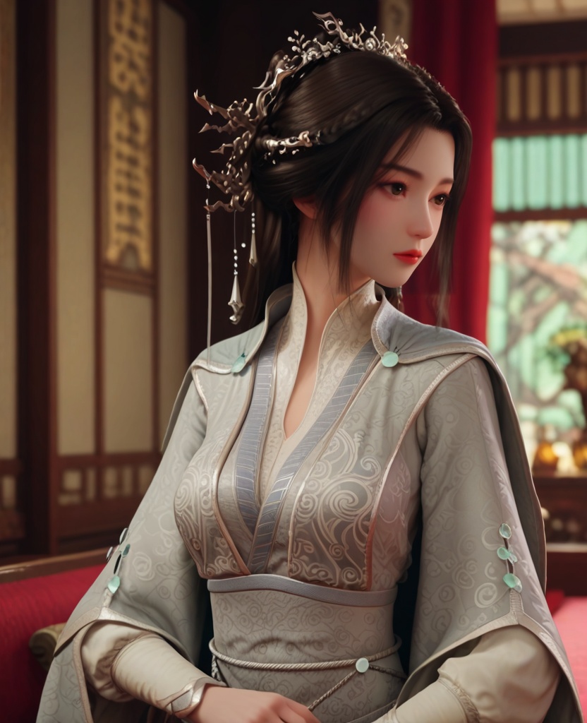 (oriental architecture, elegant decor, sophisticated style:1.1),(crawling:1.1),(breasts:1.2),<lora:XL修罗武神苏柔:0.95>,miss surou,chinese clothes,cape,sash,long sleeves,hair bun,brown eyes,black hair,long hair,hair ornament,jewelry,tassel,, score_9,score_8_up,score_7_up,score_6_up,score_5_up,score_4_up,3d rendering,tag1,tag2, Cinematic Lighting,backlighting,
