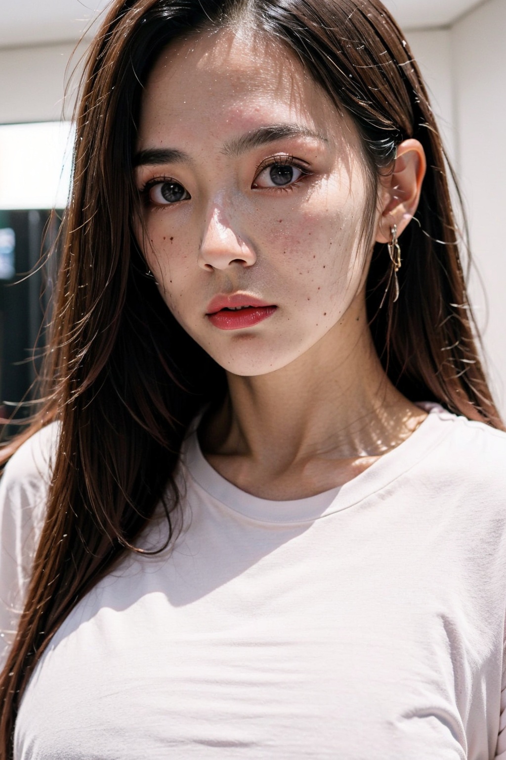 (masterpiece, top quality, best quality,aesthetics:1.2),ultra-detailed,1 girl,long hair,close up,(white tshirt:1.4),<lora:Again_Girl_A8:0.8>,<lora:freckle_slider_v1:1>,<lora:SkinTexture_B:0.6>,<lora:FilmVelvia3:0.5>,<lora:skin_slider_v10:1>,<lora:AgainMix_FrecklesSliders:-0.75>,