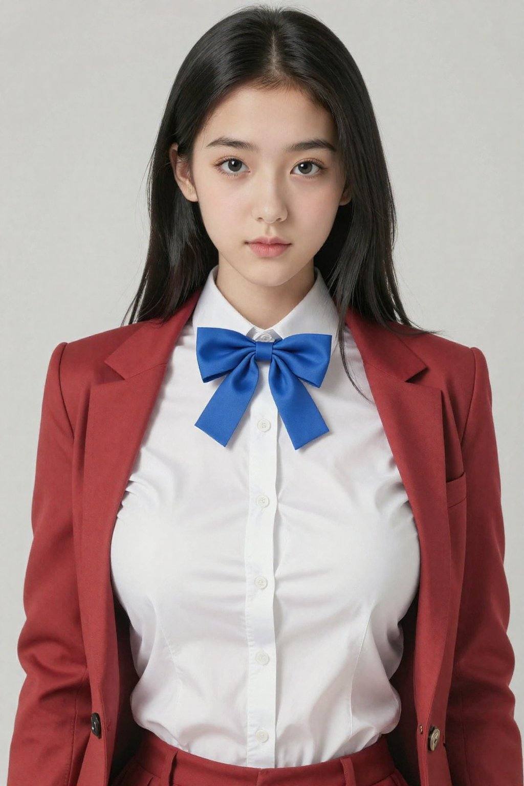 <lora:20260225_TinZITLBSWSliderLora_1_000000030:-1.5>, This is a photograph of a young woman with fair skin and long straight black hair, large breasts. She was wearing a thick white button-down shirt with a blue bow tie, and a red suit jacket over it.