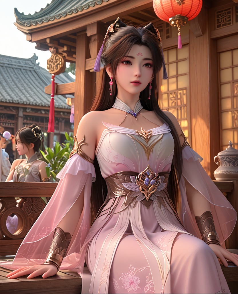 (oriental architecture, elegant decor, sophisticated style:1.1),(Sitting on a bench in a busy street, people-watching with curiosity,:1.1),(breasts:1.2),<lora:XL神墓梦可儿:0.95>,miss mengkeer,pink white dress,brown eyes,black hair,long hair,hair ornament,sash,bracer,detached sleeves,earrings,jewelry,, score_9,score_8_up,score_7_up,score_6_up,score_5_up,score_4_up,3d rendering,tag1,tag2, Cinematic Lighting,backlighting,