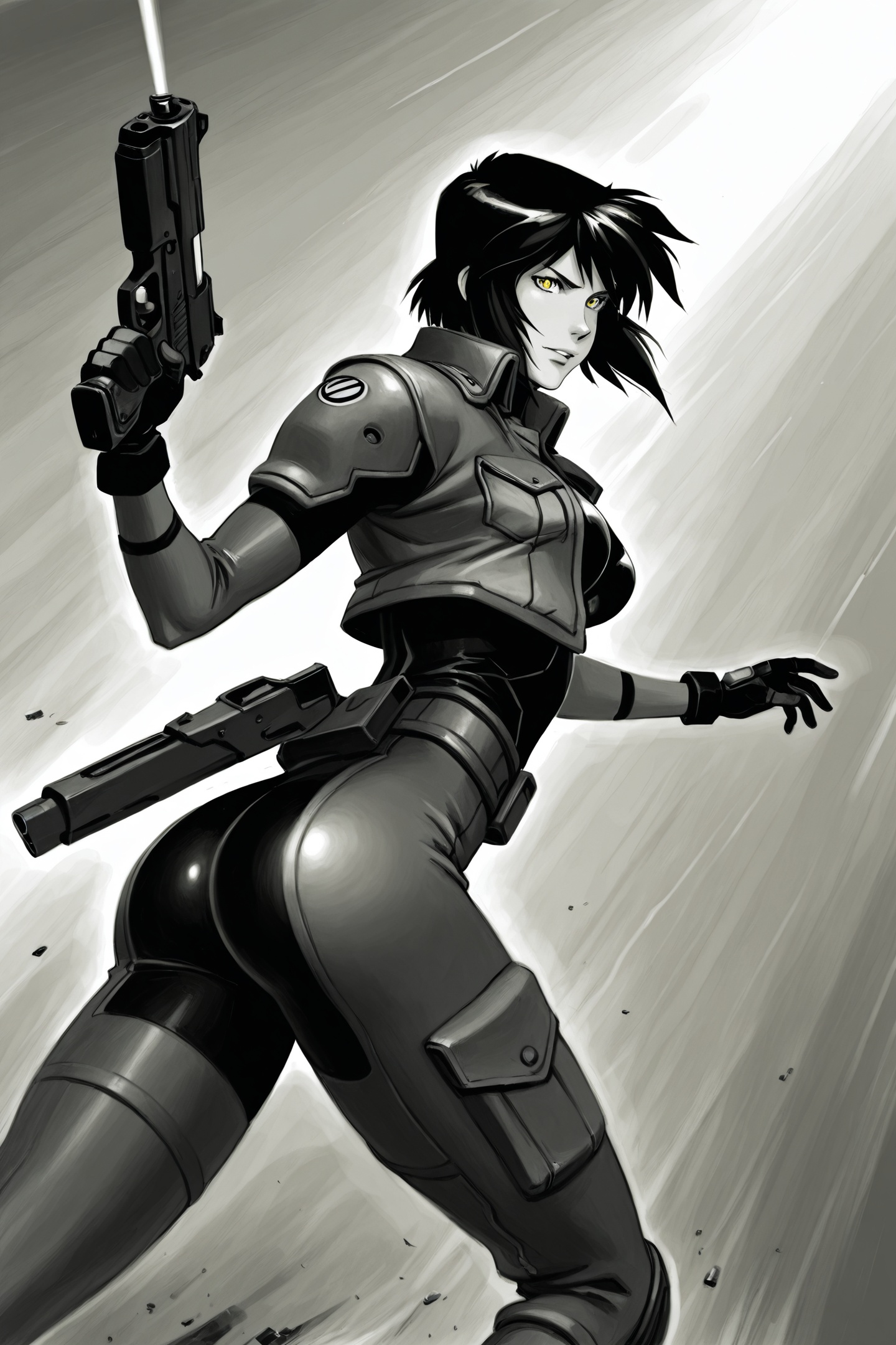 ami thompson Style Type-II,1girl,kusanagi motoko,solo,weapon,gun,ass,short hair,handgun,gloves,black hair,motion blur,bodysuit,yellow eyes,monochrome,greyscale,traditional media,<lora:ami thompson_illustriousXL:1>,