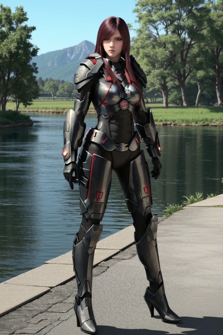 ((HRD, HUD, 8K)),((masterpiece, best quality)), highly detailed,1girl, solo, long hair, red hair, brown hair, brown eyes, lips, breasts, medium breasts, armor, bodysuit, shoulder armor, pauldrons, breastplate, power armor, high heels,sun, mountain, river, water, (full body), standing, looking at viewer,  <lora:20231223-1703323250913:0.74>