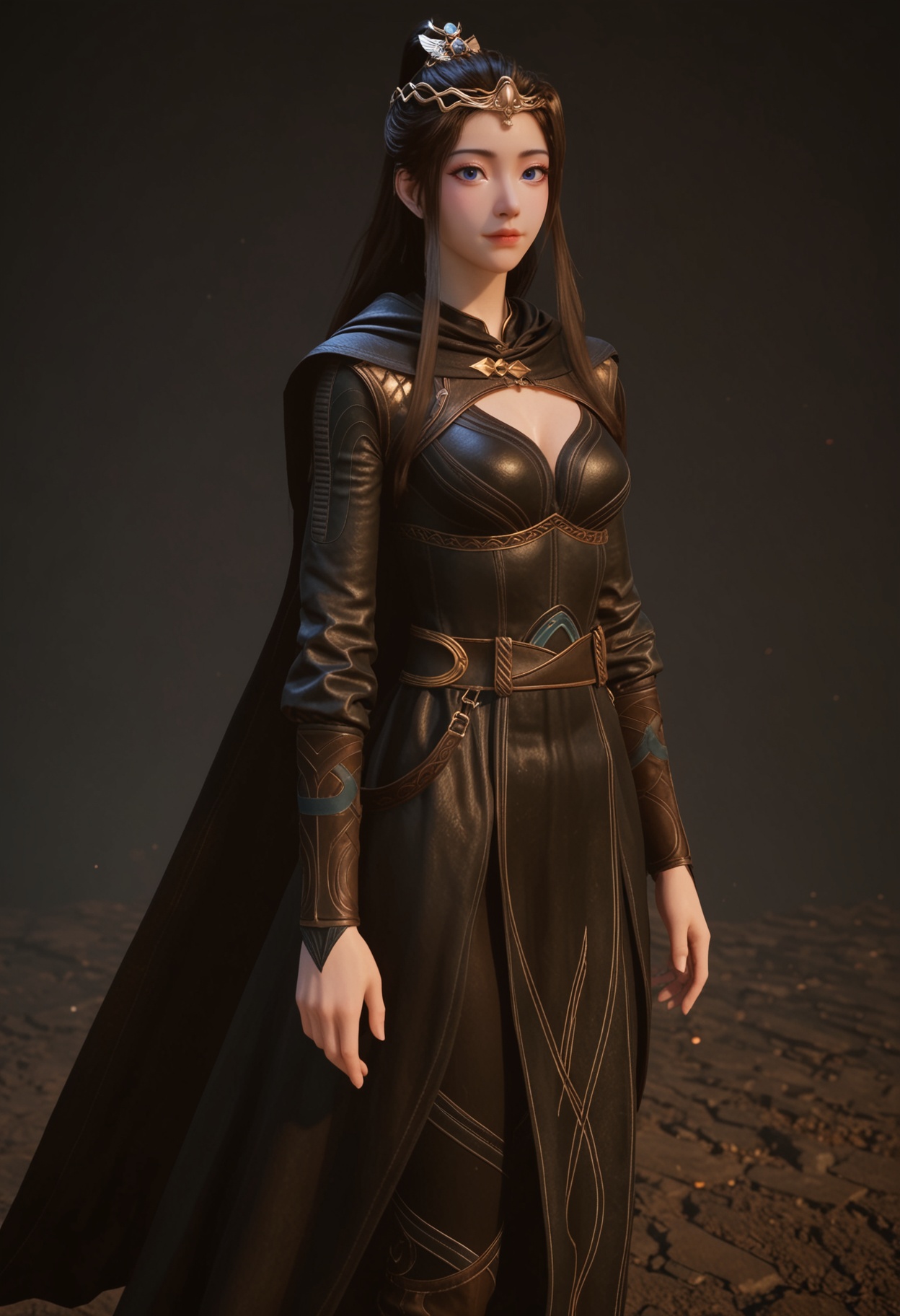 (cowboy shot:1.2),score_9,score_8_up,masterpiece,(best quality),intricate details,facing viewer,(looking at viewer:1.1),<lora:YQ_pony_yuanyao_heiyi_V4:0.8>,q1528437228,1girl,solo,long hair,blue eyes,brown hair,black hair,ponytail,hair ornament,dress,cape,long sleeves,tiara,black dress,circlet,belt,black cape,brown eyes,hair bun,boots,BREAK(score_9:1.2),(score_8_up:1.2),masterpiece,best quality,very aesthetic,perfect anatomy,(hourglass),perfect face,(simple background,pure black background,black background:1.1),fair_skin,(shiny_skin:1.1),Ivory_skin,