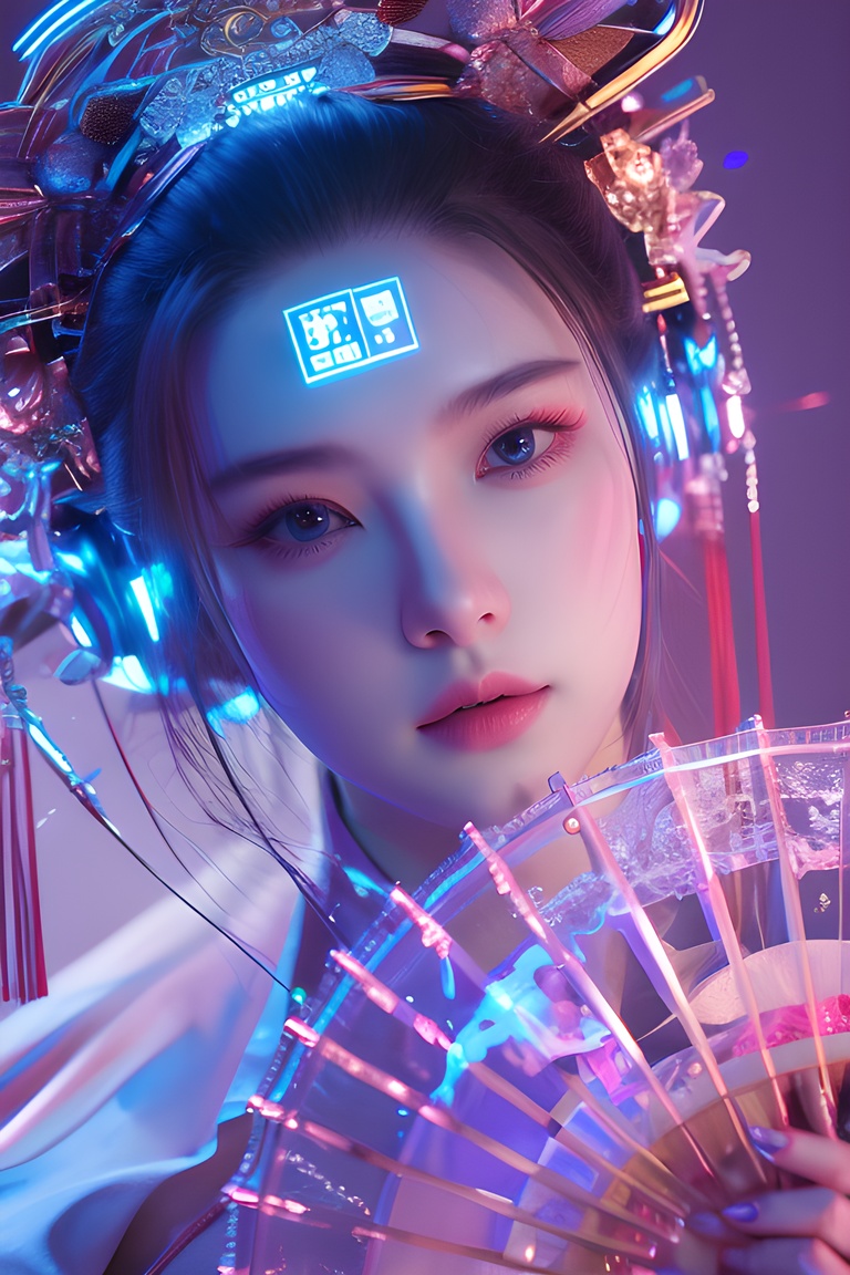light pink,colorful, neon lights, Cyberpunk beauty ,1girl, Chinese fan,<lora:20240218-1708234260649:0.7>, <lora:lora_美女大胸写实:0.4>, <lora:meinv123:0.6>
