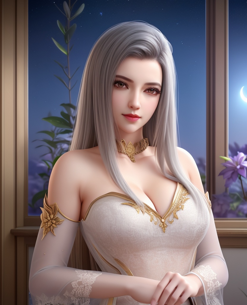 <lora:645-DA-超神学院-鹤熙:0.8>(,1girl, ,best quality, ),looking at viewer,  ,,ultra detailed background,ultra detailed background,ultra realistic 8k cg, ,masterpiece, (( , )),, realistic,science fiction,mole, ultra realistic 8k cg, ,     ,crescent moon, jasmine \(flower\),     (cleavage), (),