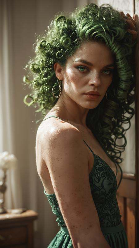 score_9,score_8_up,score_7_up,score_6_up,score_5_up, best quality, exquisitely detailed, intricate, absurdres, death, ( Eternity  Amorphous  PistachioGreen   Diagonal lines Enigmatic  Vibration  Swirling magic:1.0), bedroom_eyes   pose, retro curls hair