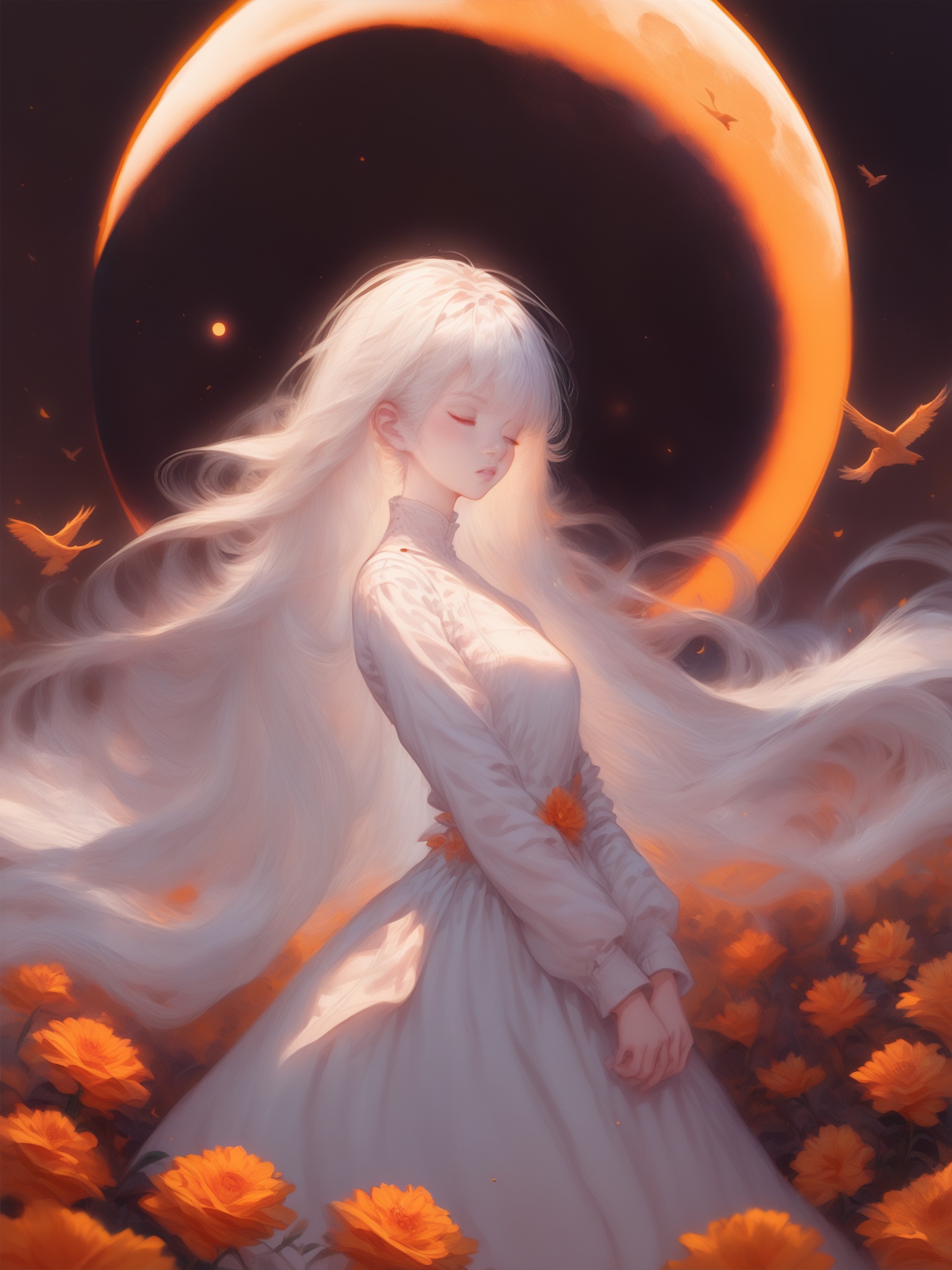 score_9, score_8_up, score_7_up, score_6_up,long hair, 1girl, solo, white hair, moon, very long hair, flower, tree, long sleeves, standing, closed eyes, floating hair, bangs, a beautiful girl with long white hair and a white dress, standing in a field of orange flowers, She is surrounded by orange lanterns and birds, and there is a full moon in the background, The overall color scheme is warm and vibrant, with a focus on shades of orange and white, <lora:Asekkk pony re a:1>