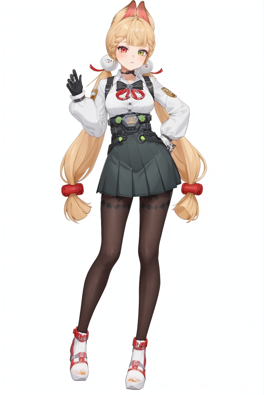 8k,best quality,masterpiece,(ultra-detailed),(high detailed skin),(by nanoless, by misumi \(macaroni\),:0.5),A full-body portrait of a young girl,standing gracefully,pastel art style,high-key lighting,shoujo manga influence,hd quality,delicate details,full body,full shot,standing,looking at viewer,(solo:1.2),simple background,(white background:1.2),<lora:fuaizzz-sd-Tanger:0.85>,Alice Thymefield \(Zenless Zone Zero\),clothes: Alicedef clothes,heterochromiam,red eye,yellow eye,Alicedef white shirt,1girl, pantyhose,long hair,Alice animal ears,blonde hair,heterochromia,Alicedef black skirt,twintails,breasts,gloves,black pantyhose,bow,