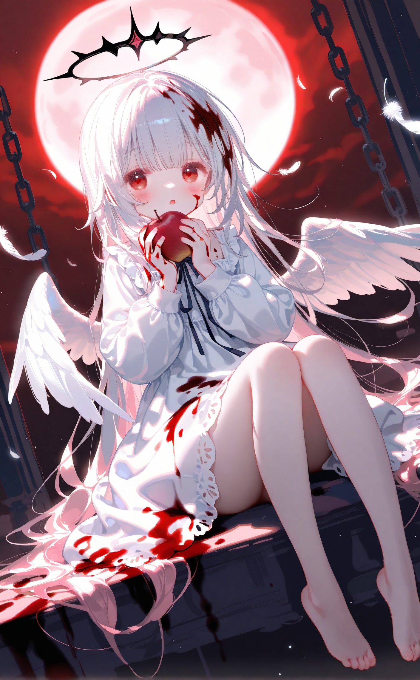 masterpiece,very aware,highres,absurdres,newest,best quality,loli,petite,high quality,chromatic_aberration,cinematic_angle,dutch angle, nyalia, //,artist:ciloranko,artist:ningen_mame,artist:sho_(sho_lwlw),artist:rhasta,artist:wlop,artist:ke-ta,artist:hiten \(hitenkei\),//,loli,1girl,wings,solo,halo,barefoot,long hair,food,feathers,blood,dress,feathered wings,sitting,white dress,angel wings,holding food,red eyes,blood on clothes,holding fruit,fruit,chain,angel,feet,pink hair,moon,holding,apple,blood on face,looking at viewer,toes,full moon,white wings,blush,bangs,child,very long hair,female child,night,long sleeves,full body,open mouth,cuffs,bare legs,legs,blood on hands,white hair,blunt bangs,frills,blood in hair,white