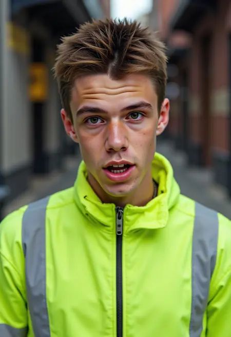 a young man,  in big city ,  90s green and yellow fluorescence clothes on Tensor.Art