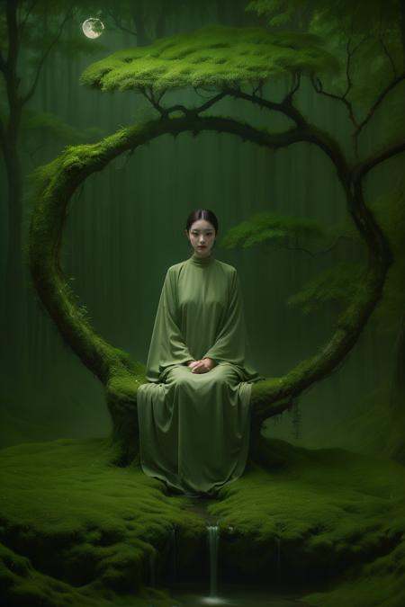 photorealistic,realistic,photography,masterpiece,best quality,ultra-detailed,1girl,moon,<lora:绿意冥想:0.7>,water,branch,