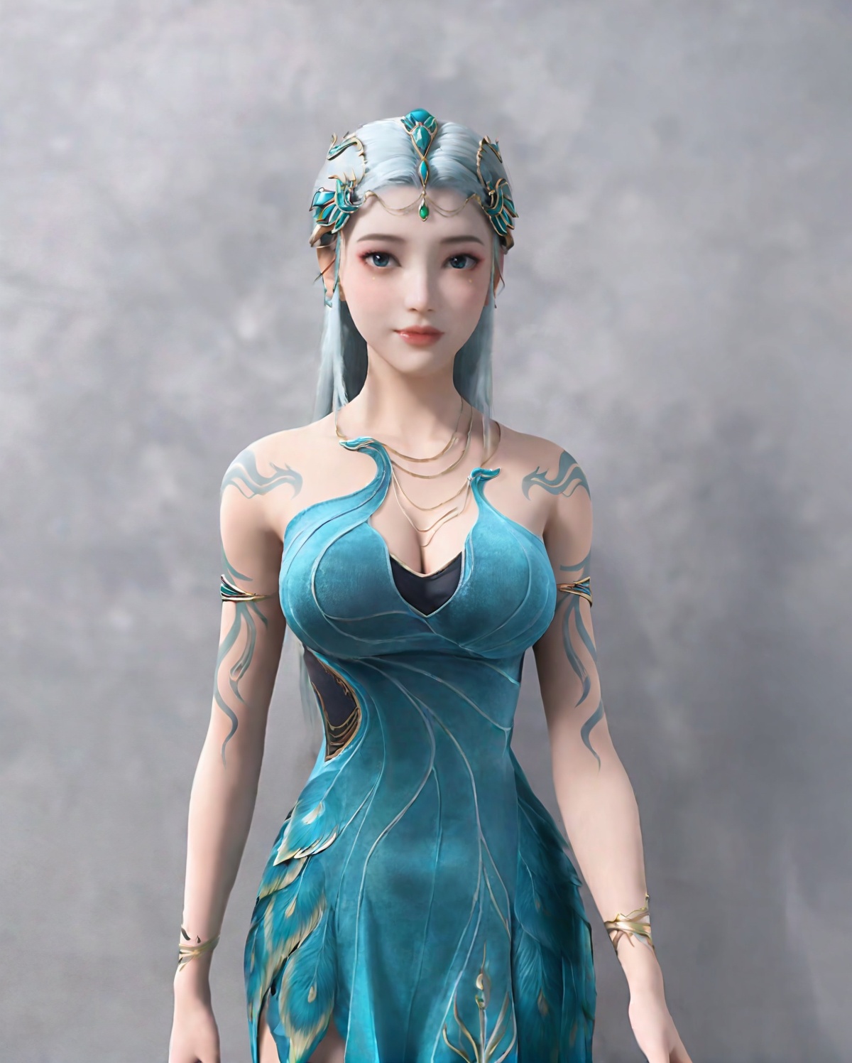 <lora:SF_QinYao_Pony_Realism-000003:0.7>,hair ornament,DarkCyan dress,1girl,large breasts,standing,solo,looking at viewer,simple background,