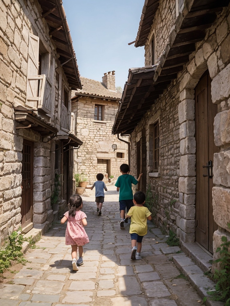 A candid photo of children playing in a street of an old village,  their joy and innocence contrasting with the ancient st...