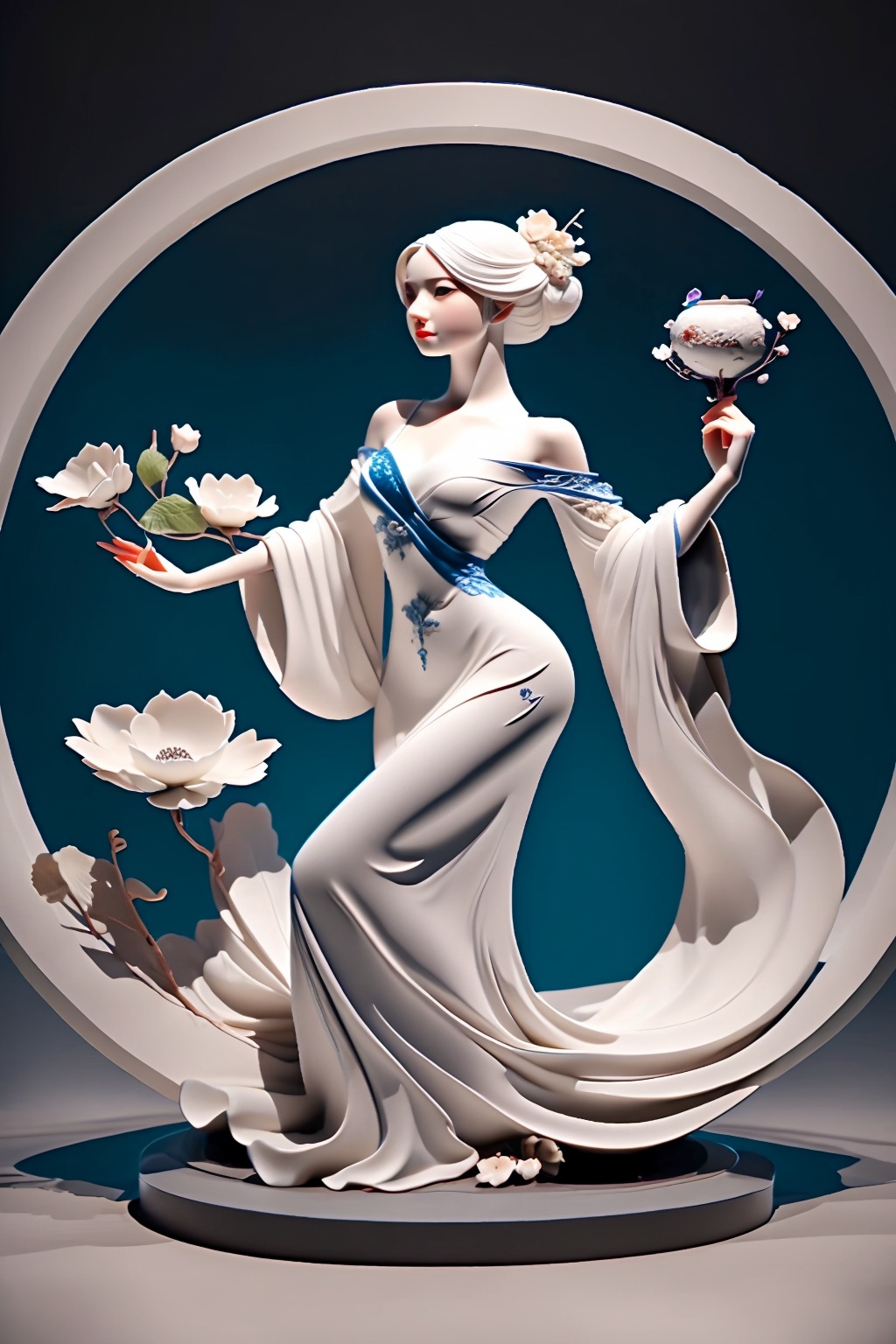 shouban,<lora:手办_v1.0:0.8>,1girl,in the strange landscape of the dream garden,an explorer wearing a flowing long dress,handheld compass,coincidentally observing a huge talking flower,surrounded by fish swimming upstream and flying flowers,her eyes sparkled with curiosity about the unknown,