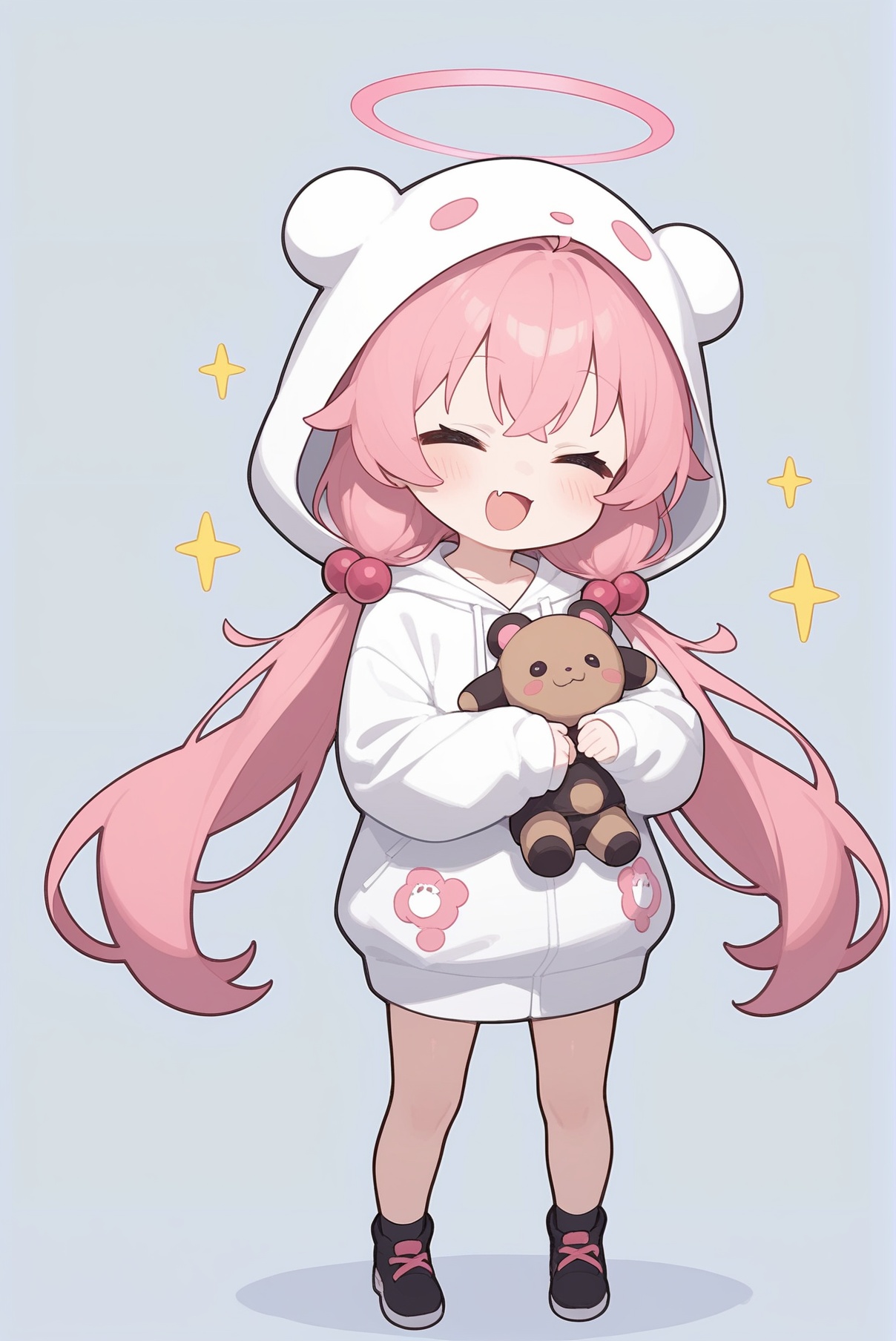 score_9,score_8_up,score_7_up,1girl,hoshino (blue archive),fang,pink hair,solo,twintails,hood,ahoge,long hair,chibi,halo,low twintails,closed eyes,hair ornament,bangs,blush,smile,standing,full body,very long hair,open mouth,facing viewer,hair bobbles,hoodie,stuffed toy,long sleeves,hood up,stuffed animal,:d,skin fang,hair between eyes,white hoodie,holding,simple background,=_=,sparkle,sleeves past fingers,animal hood,