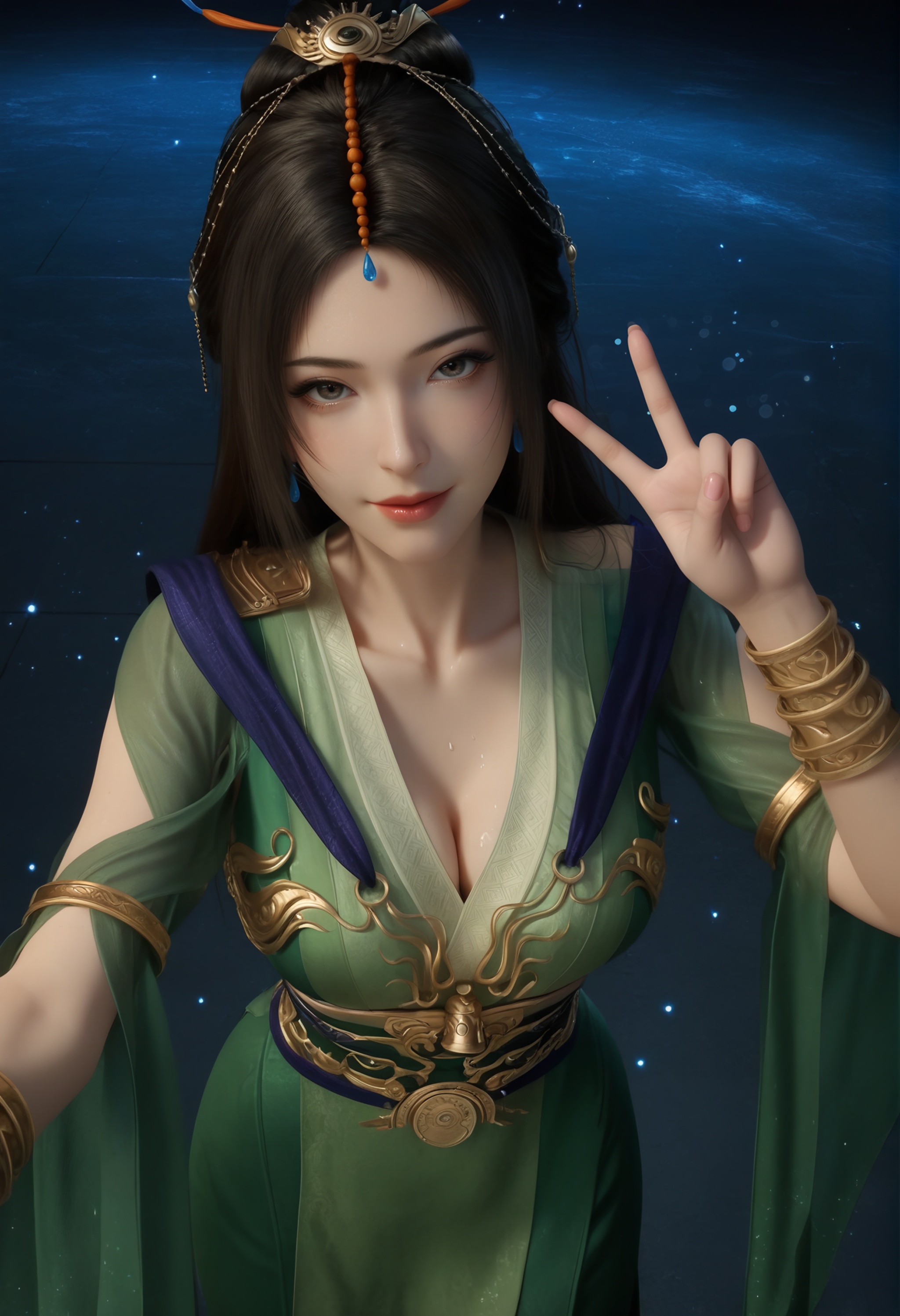 (score_9),cowboy shot,standing,<lora:柳玉-apony:0.83>,liuyu,1girl,solo,long hair,hair ornament,single hair bun,black hair,earrings,traditional dress,green_traditional dress,armlet,jewelry,waistband,chest bell,bracer,gold,see-through sleeves,mature_female,collarbone,pointy breasts,puffy breasts,(large teardrop breasts),teardrop breasts,teardrop breasts,cleavage,BREAK<lora:Expressive_H-000001:0.8>,light blush,Expressiveh,looking at viewer,seductive_smile,seductive,looking at viewer,front view,dutch angle,dynamic_angle,from above,selfie,v sign,closed mouth,<lora:皮肤凹痕:1.2>,fair_skin,(pale skin),(sweaty_skin),ultra-detailed skin texture,detailed textures,sweat,sweatdrop,BREAKsimple background,<lora:e色温:-0.25>,sparkle,sparkle background,fluorescence,fluorescent,4K ultra HD,sharp focus,high detail,high contrast,