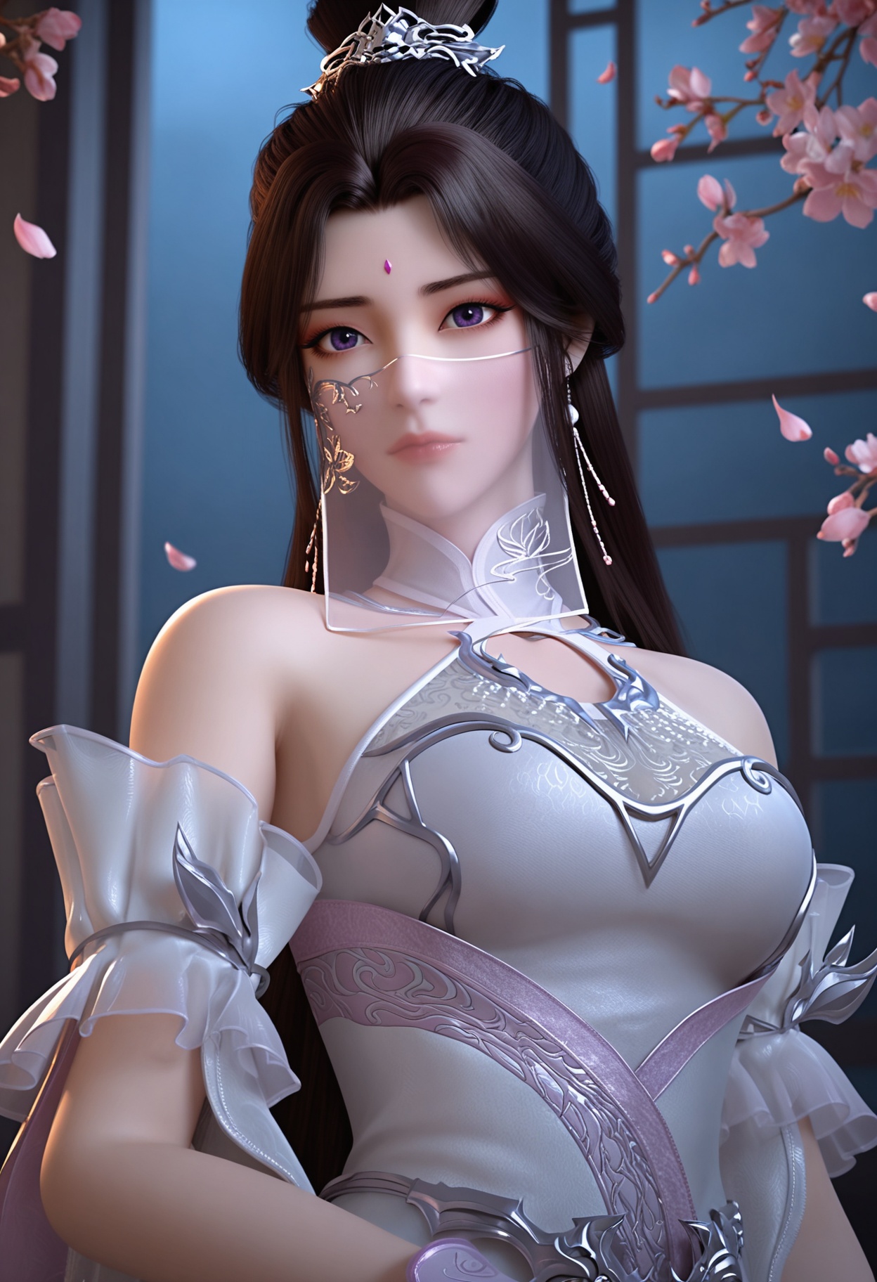 (upper_body:1.2),(looking at viewer:1.1),masterpiece,(best quality),smog,Dark room,dim lighting,peach blossom,falling petals,<lora:YQ_Illustrious光辉v5_月婵2.0_V2:0.8>,q1528437228,1girl,solo,long hair,white dress,jewelry,earrings,forehead mark,black hair,brown hair,hair ornament,hair bun,mouth veil,detached sleeves,single hair bun,purple eyes,breasts,expressionless,shoes,see-through,