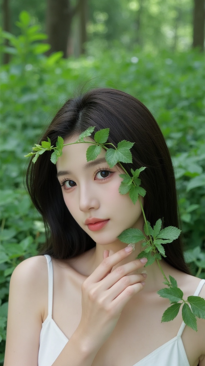 1girl,A photograph of an Asian woman with fair skin and long black hair,wearing a white spaghetti-strap top,surrounded by lush green foliage. She holds a vine with green leaves across her face,creating a natural,ethereal look. The background is a blurred forest,enhancing the serene,nature-inspired aesthetic.,1girl,reversal film photography