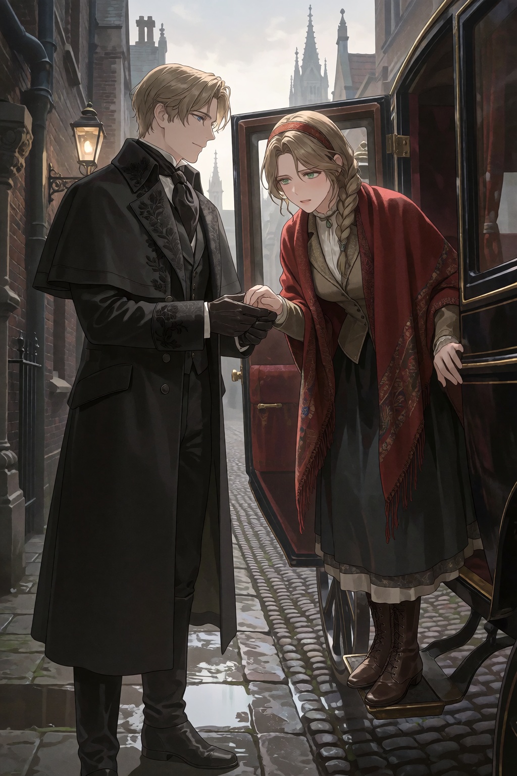 A medium long shot shows a man standing beside a vintage dark carriage,  assisting a woman step out on a narrow stone alle...