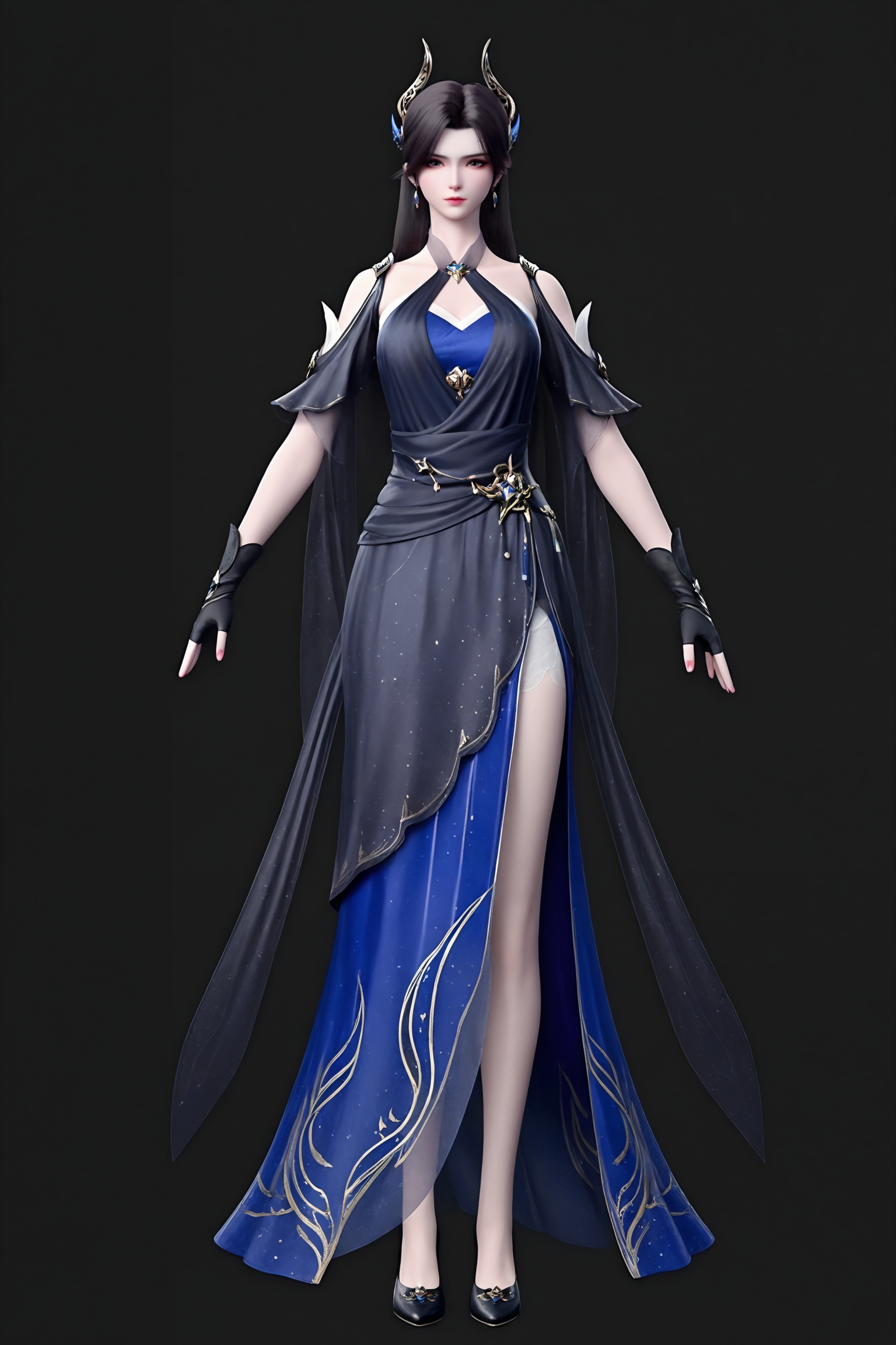 black background,standing,looking at viewer,1girl,cy\(dpcq\),long hair,black hair,hair ornament,jewelry,black hair,shoulder cutout,clothing cutout,blue dress,black dress,bare shoulders,black gloves,fingerless gloves,clothing cutout,black footwear,high heels,