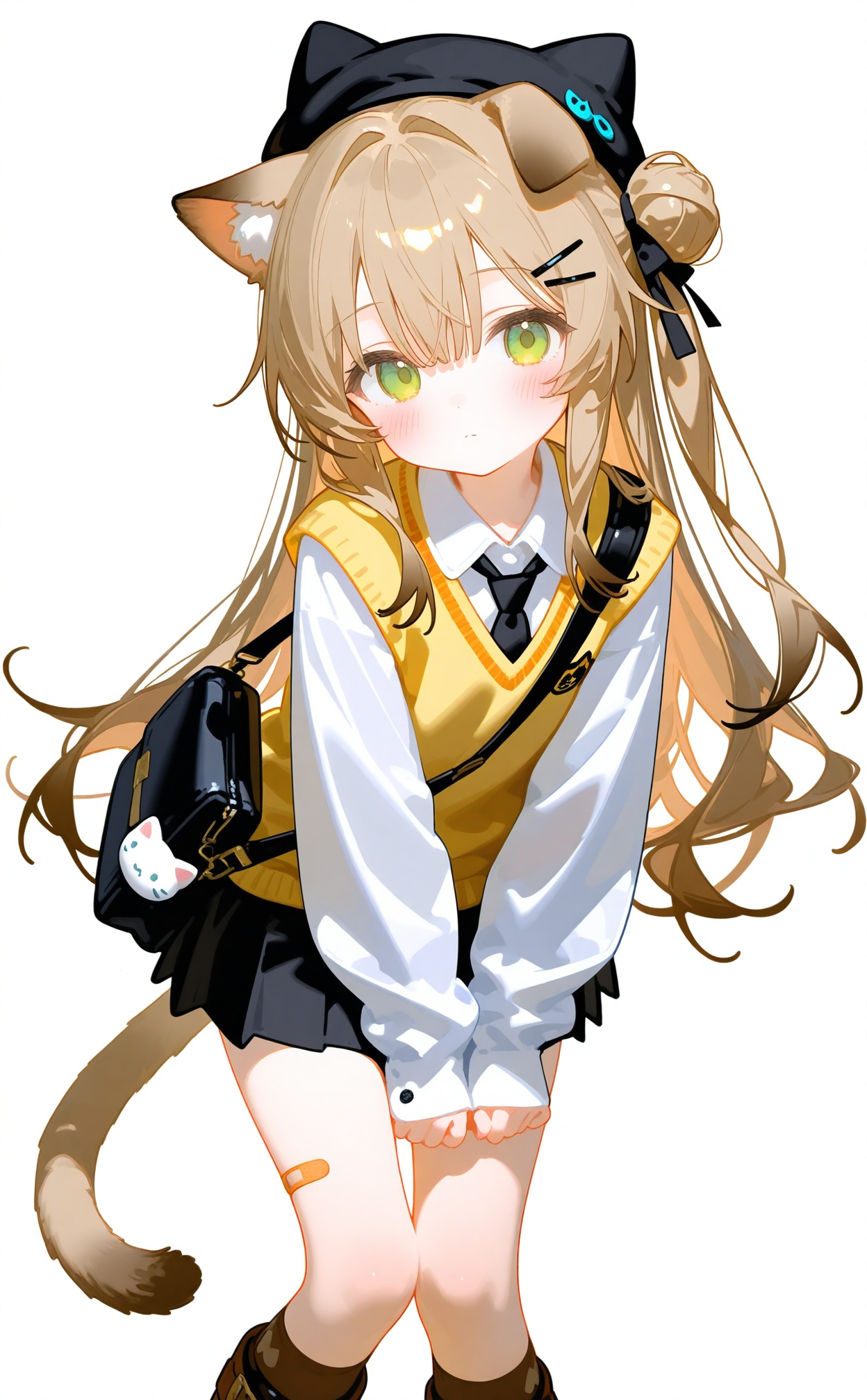 1girl,solo,shirt,skirt,collared shirt,black necktie,black headwear,long hair,green eyes,very long hair,necktie,long sleeves,hair ornament,white shirt,hairclip,sweater vest,black skirt,sleeves past wrists,pleated skirt,hair bun,hair ribbon,closed mouth,looking at viewer,black ribbon,socks,animal hat,ribbon,hair between eyes,hat,single side bun,tail,blush,simple background,brown hair,puffy sleeves,feet out of frame,shoulder bag,white background,puffy long sleeves,kneehighs,standing,animal ears,bag,boots,one side up,beanie,black footwear,cat hat,cat tail,brown socks,charm \(object\),bag charm,single hair bun,bandaid,short sleeves,black socks,light brown hair,brown footwear,bandaid on leg,cat girl,transparent background,knee boots,loose socks,black bow,cat ears,