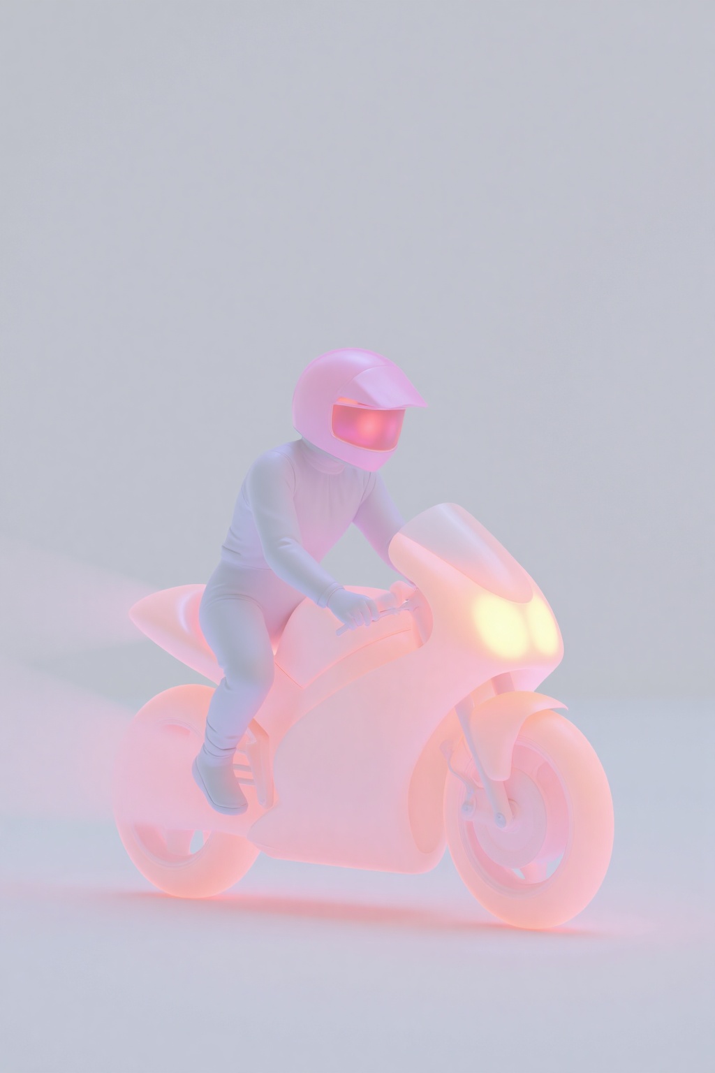 beijihui,a 3D image of a person in a white bodysuit and helmet is seen riding a pink scooter. The scooter is adorned with a bright orange light,creating a vibrant contrast to the person's body. The background is a soft gray,adding a pop of color to the scene.,