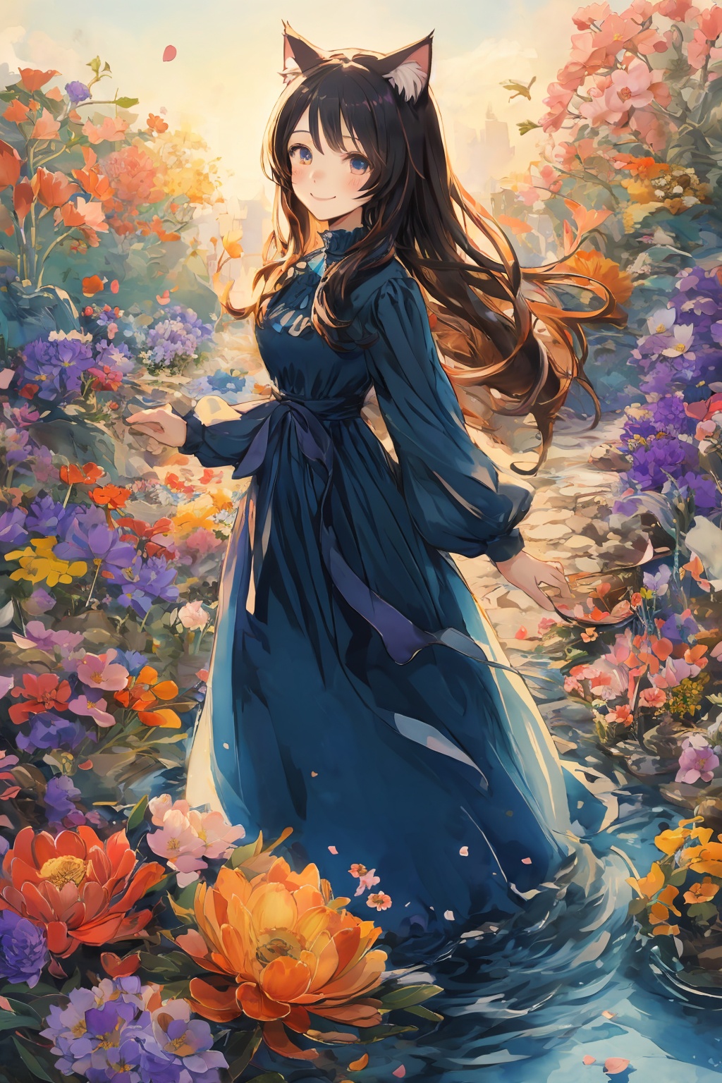 flowers full of background, 1girl, cat ears, cute, lovely, sweet smile, long dress, long hair, watercolorbg, abstract, soft