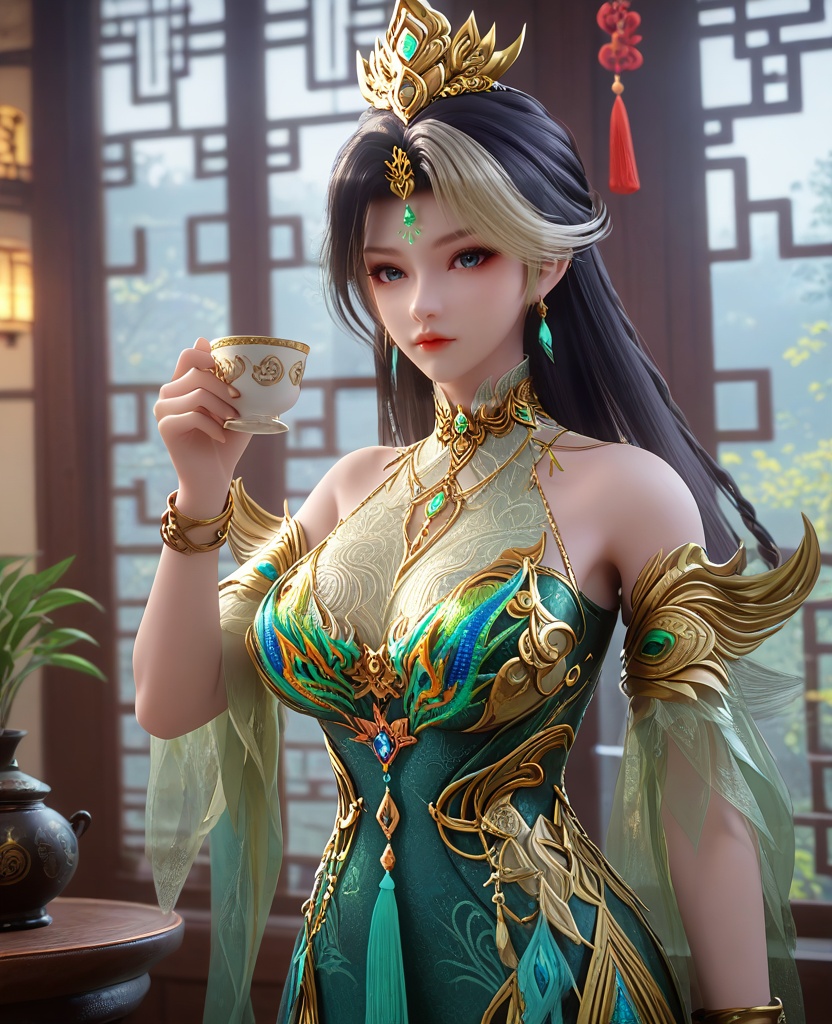 (Standing near a window, holding a cup of tea or coffee, lost in thought and relaxation,:1.1),looking at viewer,(large breasts:1.2),<lora:XL16云深不知梦燕倾霏典仪司:0.95>,miss yanqingfei,green tiered gown,forehead jewel,black hair,white streaked hair,long hair,half-up braid with long cascading hair,hair ornament,earrings,jewelry,armlet,bracelet,collar,wide flowing sleeves,, score_9,score_8_up,score_7_up,score_6_up,score_5_up,score_4_up,3d rendering,tag1,tag2, Cinematic Lighting,backlighting,