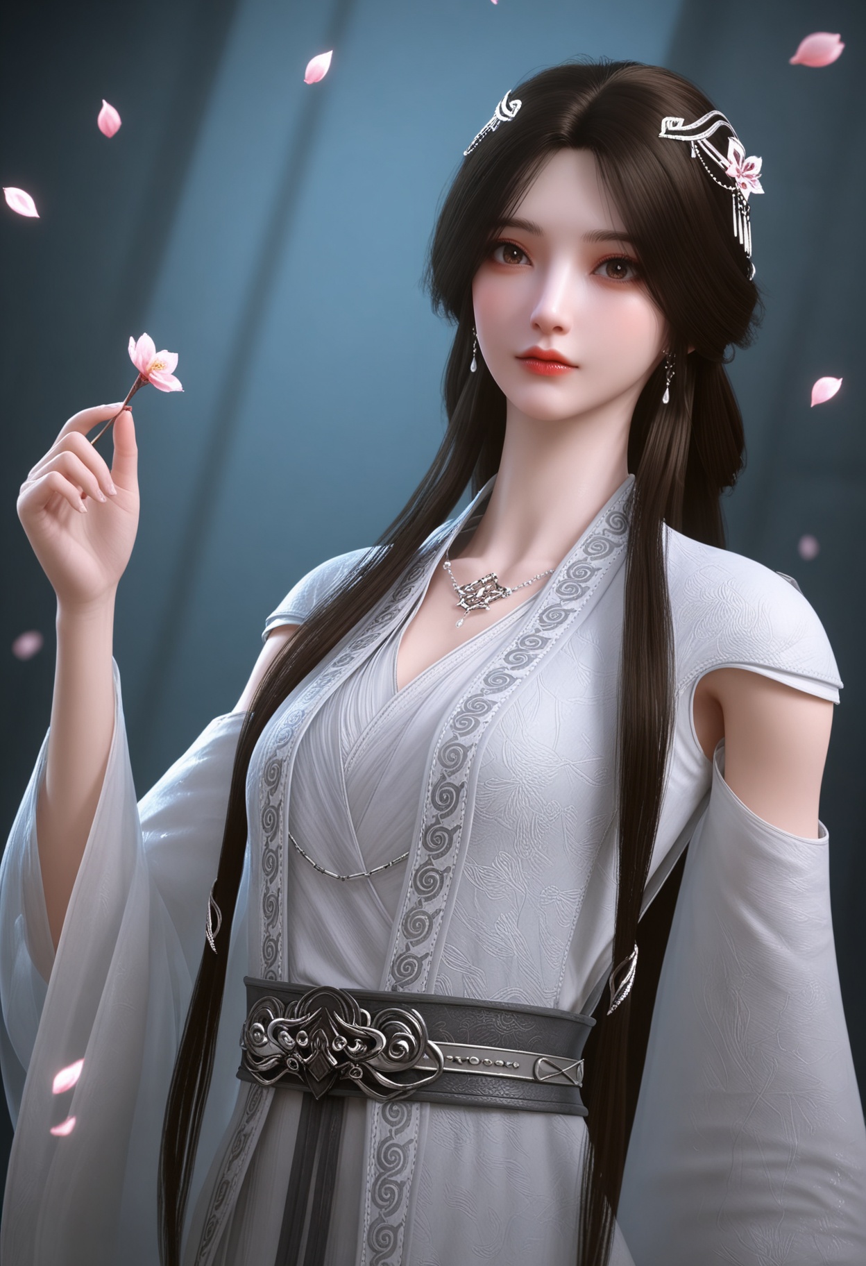 (upper_body:1.2),(looking at viewer:1.1),masterpiece,(best quality),smog,Dark room,dim lighting,peach blossom,falling petals,<lora:YQ_Illustrious光辉v5_雨馨2.0_V2:0.8>,q1528437228,1girl,solo,long hair,hair ornament,jewelry,earrings,dress,brown hair,white dress,necklace,black hair,brown eyes,chinese clothes,long sleeves,detached sleeves,wide sleeves,hair bun,