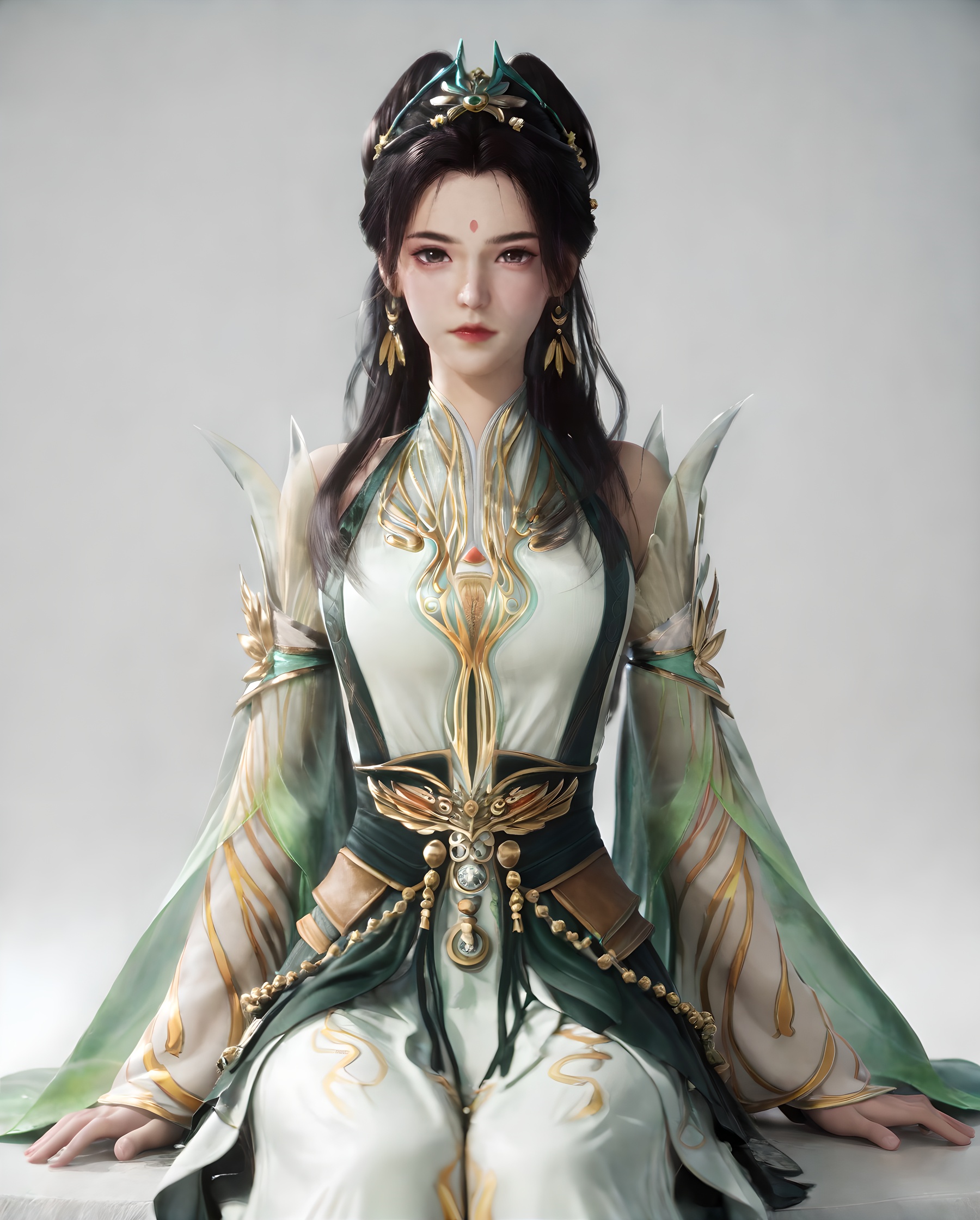 <lora:SF_LongJi_Pony_Realism-000004:0.7>,1girl,solo,flower,forehead mark,dress,earrings,detached sleeves,facial mark,hair ornament,jewelry,sitting,looking at viewer,branch,black hair,long hair,hair bun,green dress,white background, 