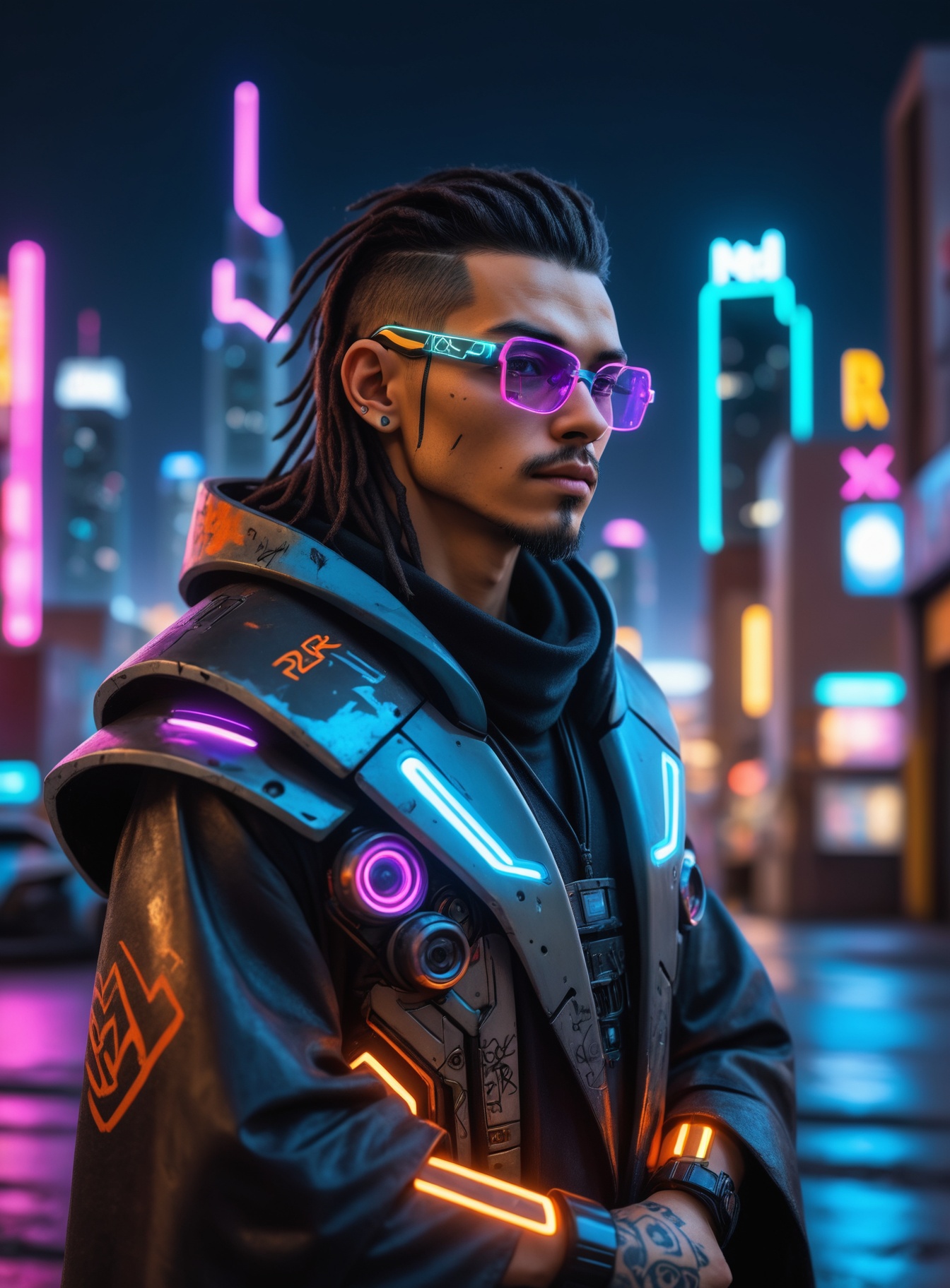portrait photo of an old cyberpunk mage,  an futuristic cityscape at night in the background,  The sky is full of flying c...