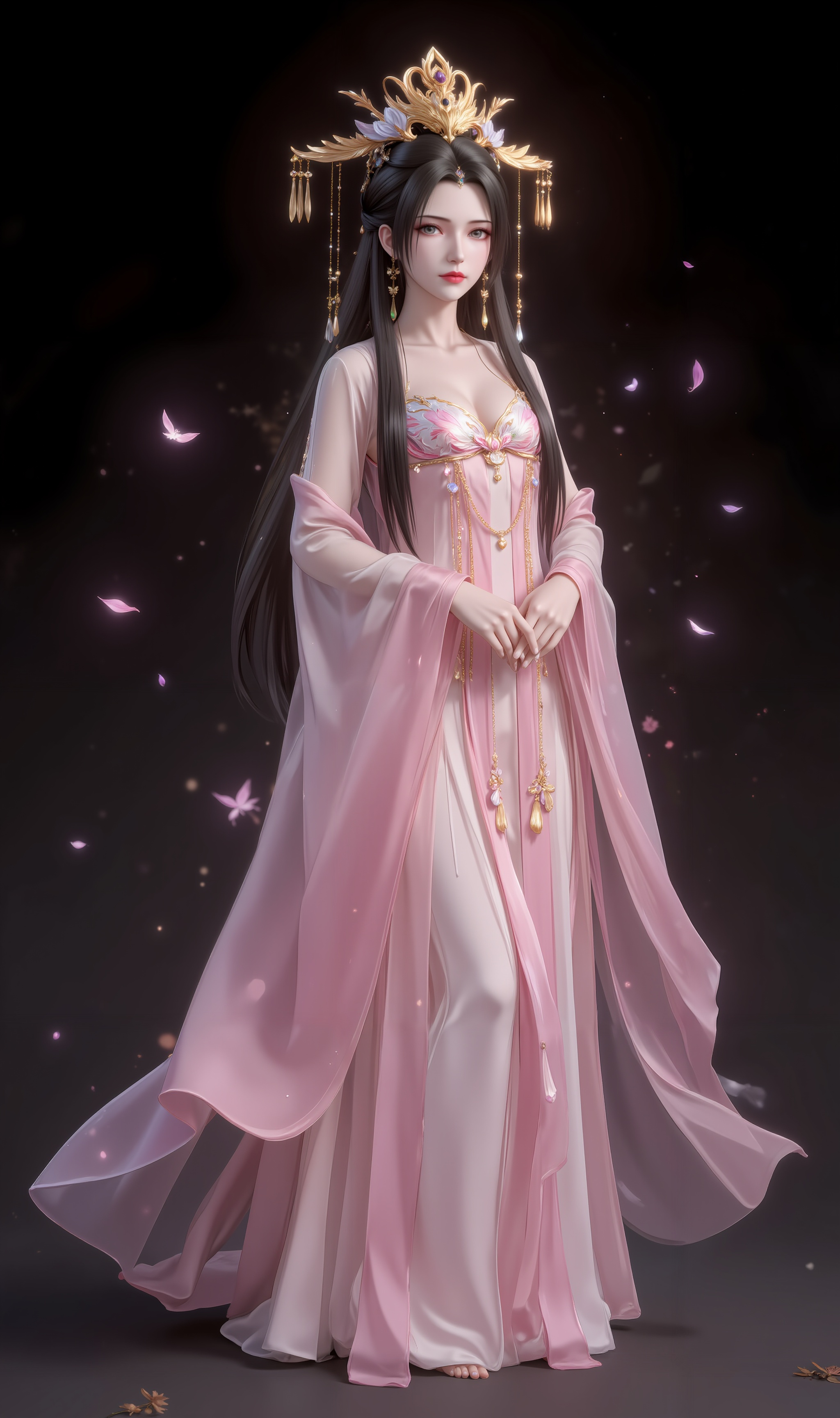<lora:汉服1·人物百搭款6:1.1>,fuzhuang,1girl,solo,dress,chinese clothes,hanfu,pink dress,standing,long sleeves,jewelry,wide sleeves,black_background,simple background,high_heels,<lora:李慕婉·衣服百搭款6:1.1>,limuwan,black hair,long hair,grey eyes,jewelry,earrings,crown,phoenix_crown,(large breasts:1.2),, cover,gradient background,close-up details,outstanding style,adding a touch of dimension to your images without compromising details,close-up,<lora:DJ滤镜_2.5D版:0.3>,lvjing,<lora:油画唯美滤镜15:0.2>,baoshi,