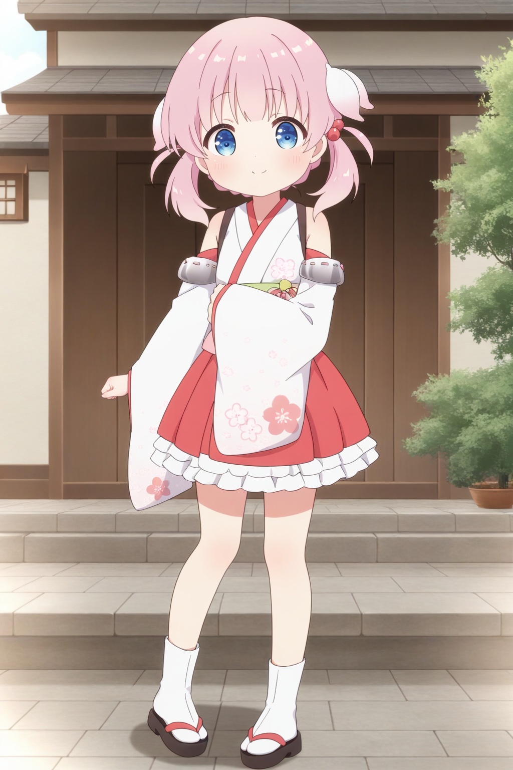 <lora:Haizakura_Ill_v10:0.8>,full body,Haizakura,little_girl,loli,kawaii,(child),blue eyes,short stature,pink hair,twintails,medium hair,hair ornament,japanese clothes,kimono,detached sleeves,bare shoulders,smile,white kimono,hair bobbles,