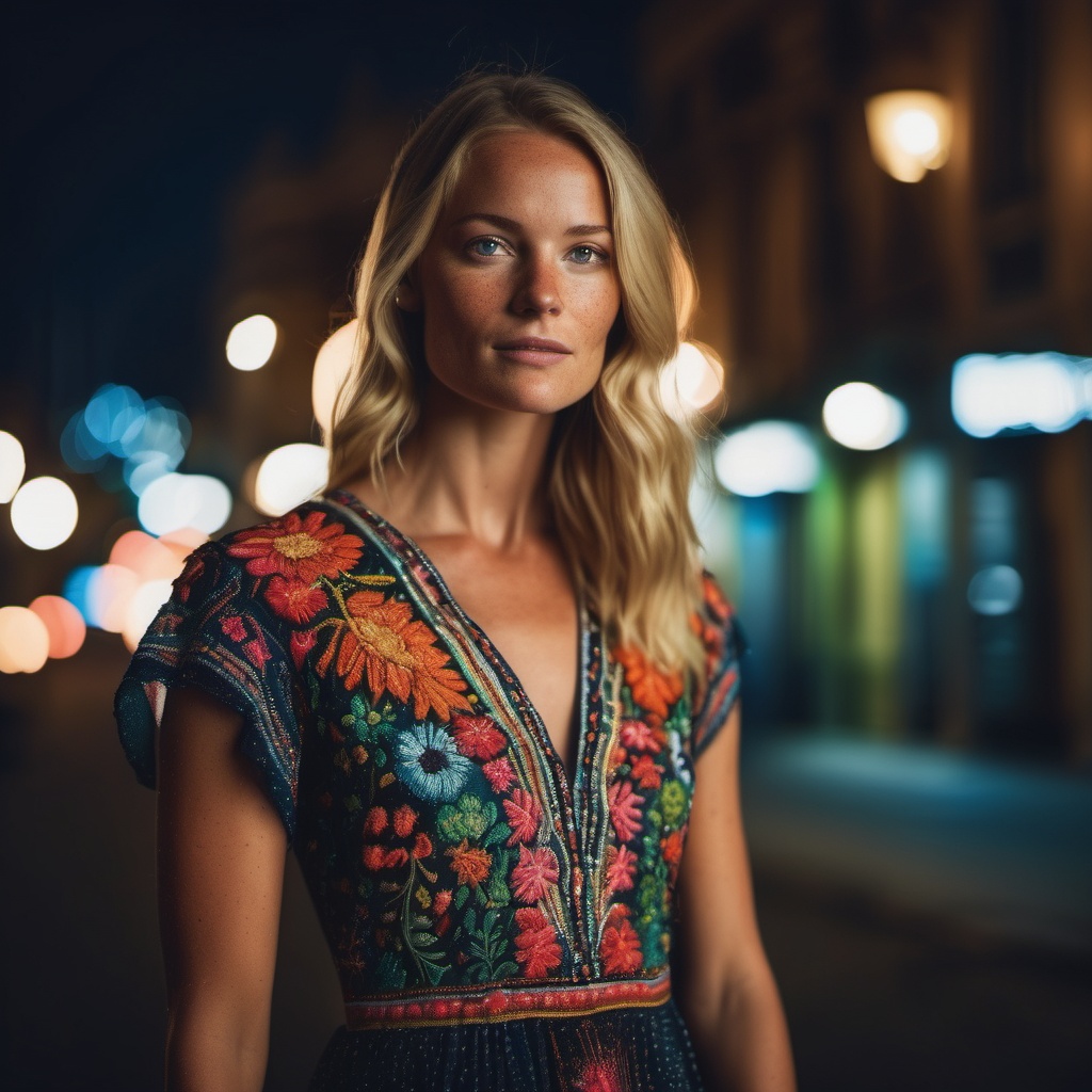 cinematic moviemaker style,  Beautiful blonde woman with freckles,  wearing a colorful on Tensor.Art