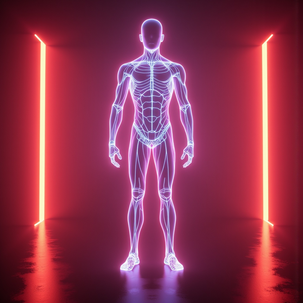 arafed image of a man standing in a neon light,ash thorp,cgsociety 9,3 d render of a full female body,glowing neon vray,Mike Winkelmann,greg beeple,xparticles,gynoid body,octane render : :,full body cgsociety,beeple art,beeple masterpiece,digital human,beeple |,futuristic robot body,3d render of a man's body,rendred in redshift,wlop : : 6 octane render : :3,full body 8k,physicality-based render,3 d sculpture 8 k octane render,3 d neon art of a womens body,quality astral projection render,symetric body,beeple and mike winkelmann,cinematic beeple,3 d geometric neon shapes,dmt imagery. octane render,glowing neon skin,beeple artwork,octane render aesethic,beeple global illumination,