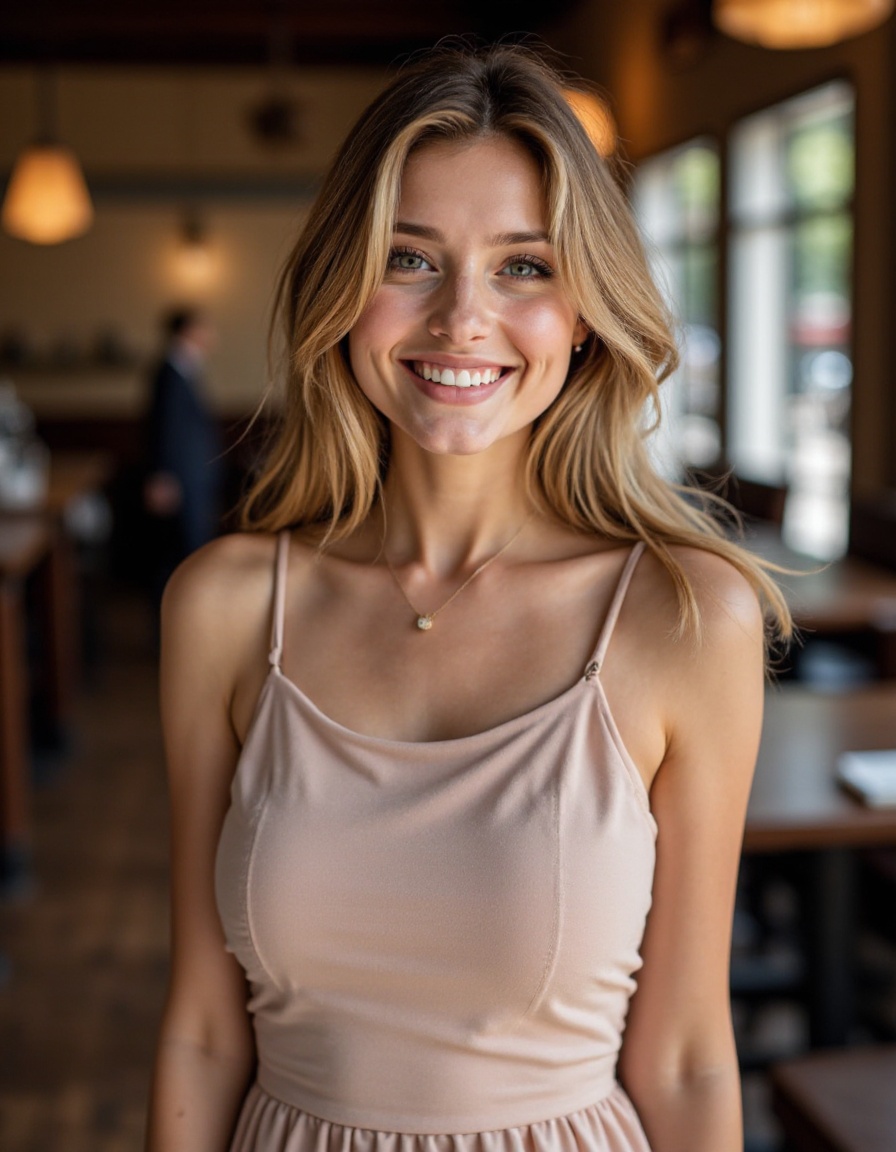 This is a  beautiful photograph of a woman, blonde hair cascading over her shoulders. She is wearing a boatneck dress, Standing in a cafe. Looking at the viewer. Smile.