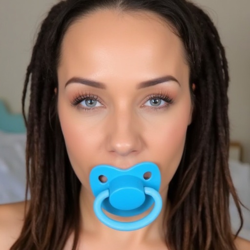 round shape with a blue silicone body and a white ring at the top.,  and a subtle makeup application that includes a light...